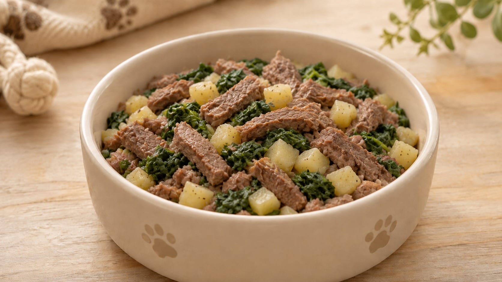 Carne con patata y espinacas