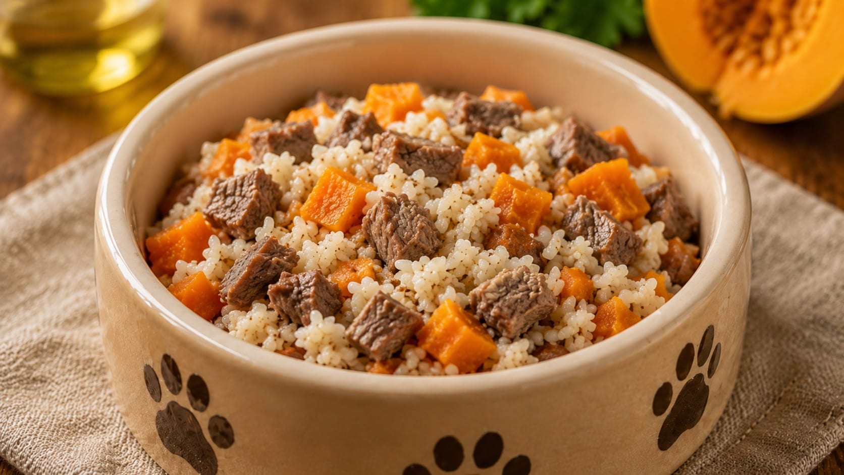 Cordero con arroz y calabaza