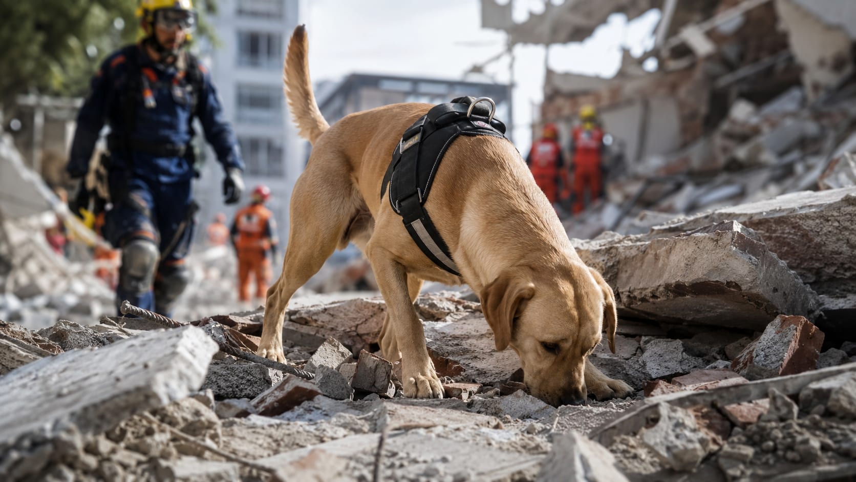 Perro de rescate buscando entre escombros durante una operación de emergencia junto a su equipo.