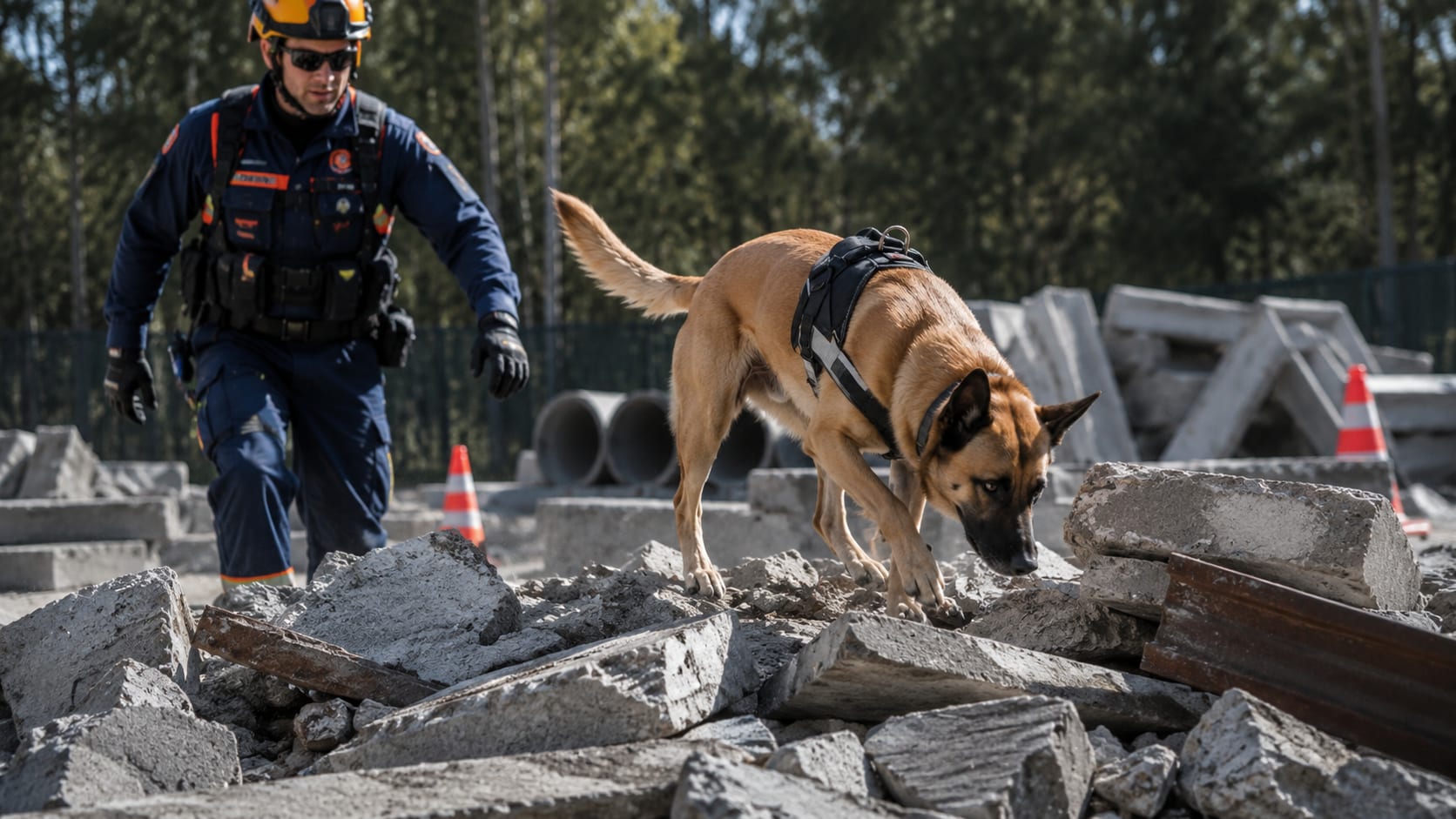 Perro de rescate entrenando sobre escombros junto a su guía en una práctica de búsqueda.