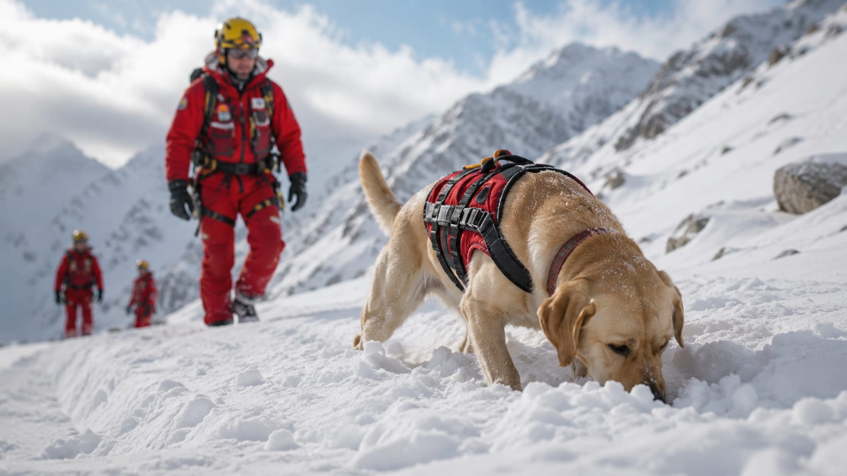 Perro de rescate rastreando en la nieve durante una operación de búsqueda en montaña.