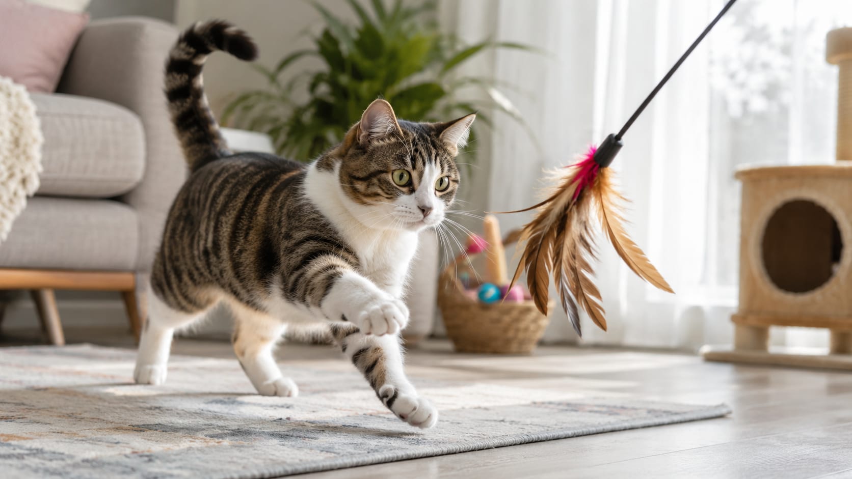 Gato jugando en casa con una caña de plumas mientras estimula su instinto de caza.