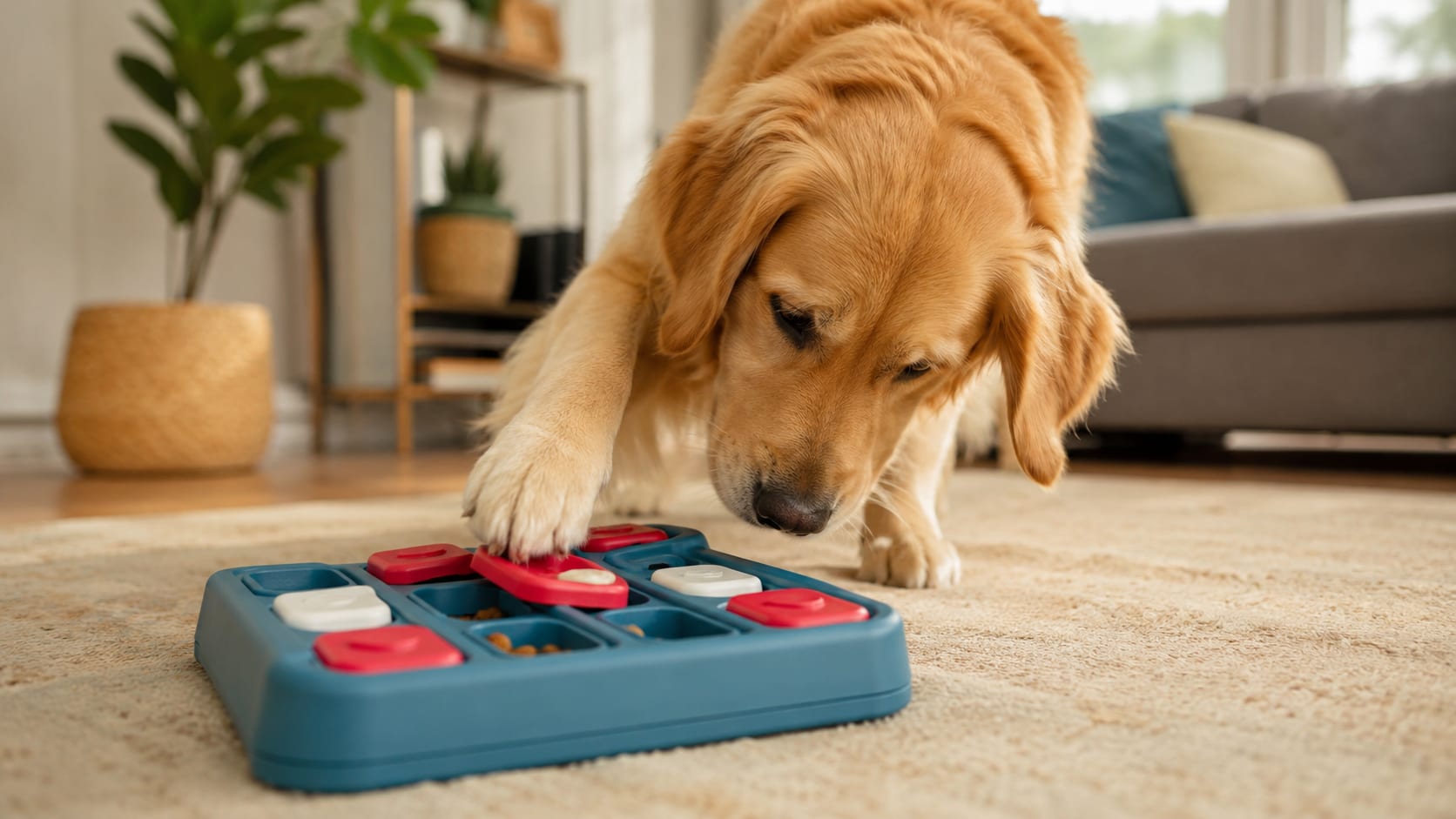 Perro usando un juguete interactivo con premios para estimular su mente en casa.