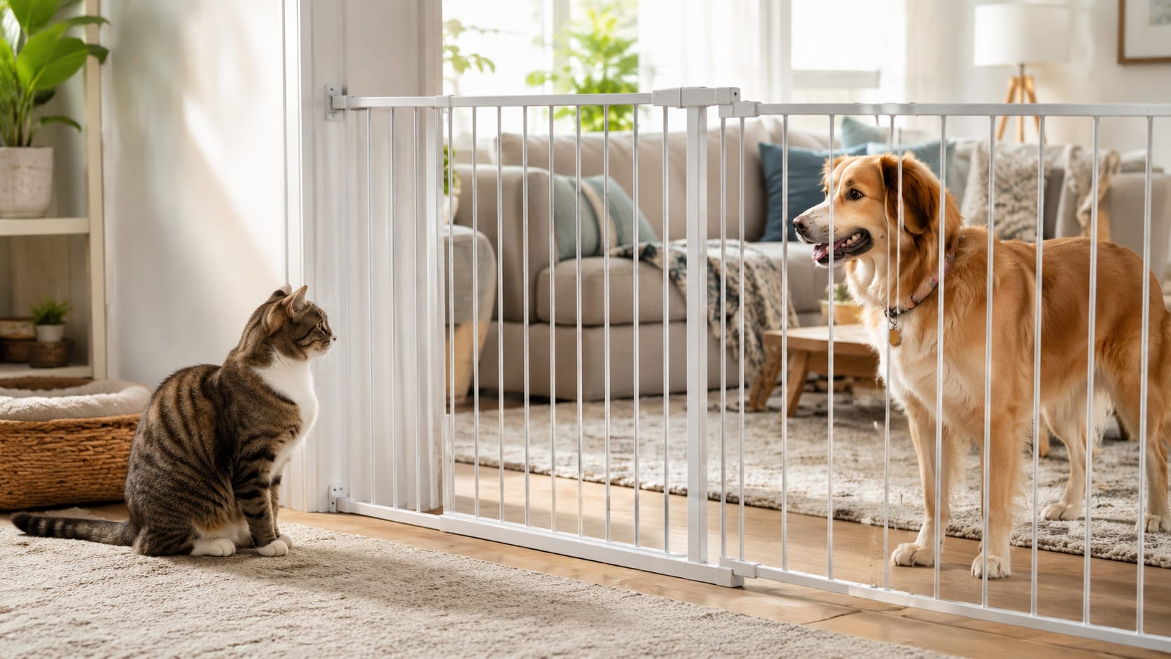 Perro y gato separados por una barrera durante una presentación gradual en casa.