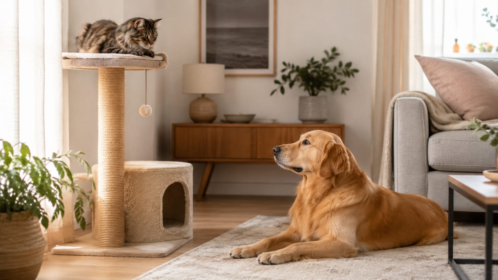 Gato en un rascador alto observando a un perro tranquilo en el salón.
