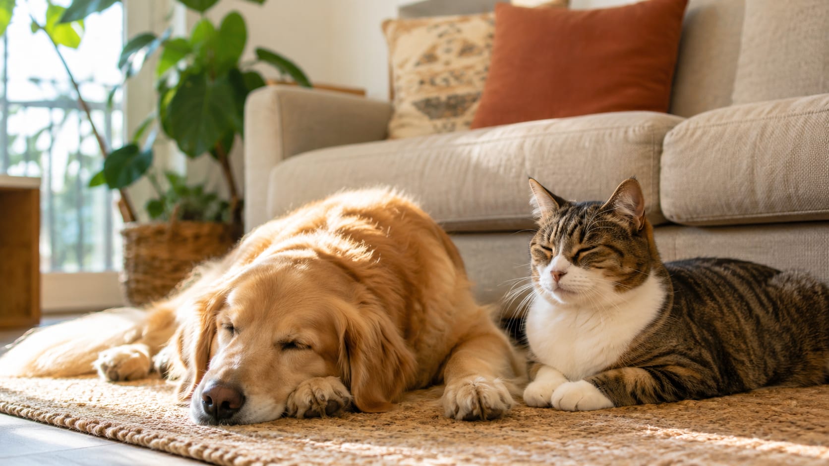 Perro y gato descansando cerca en casa sin señales de tensión.