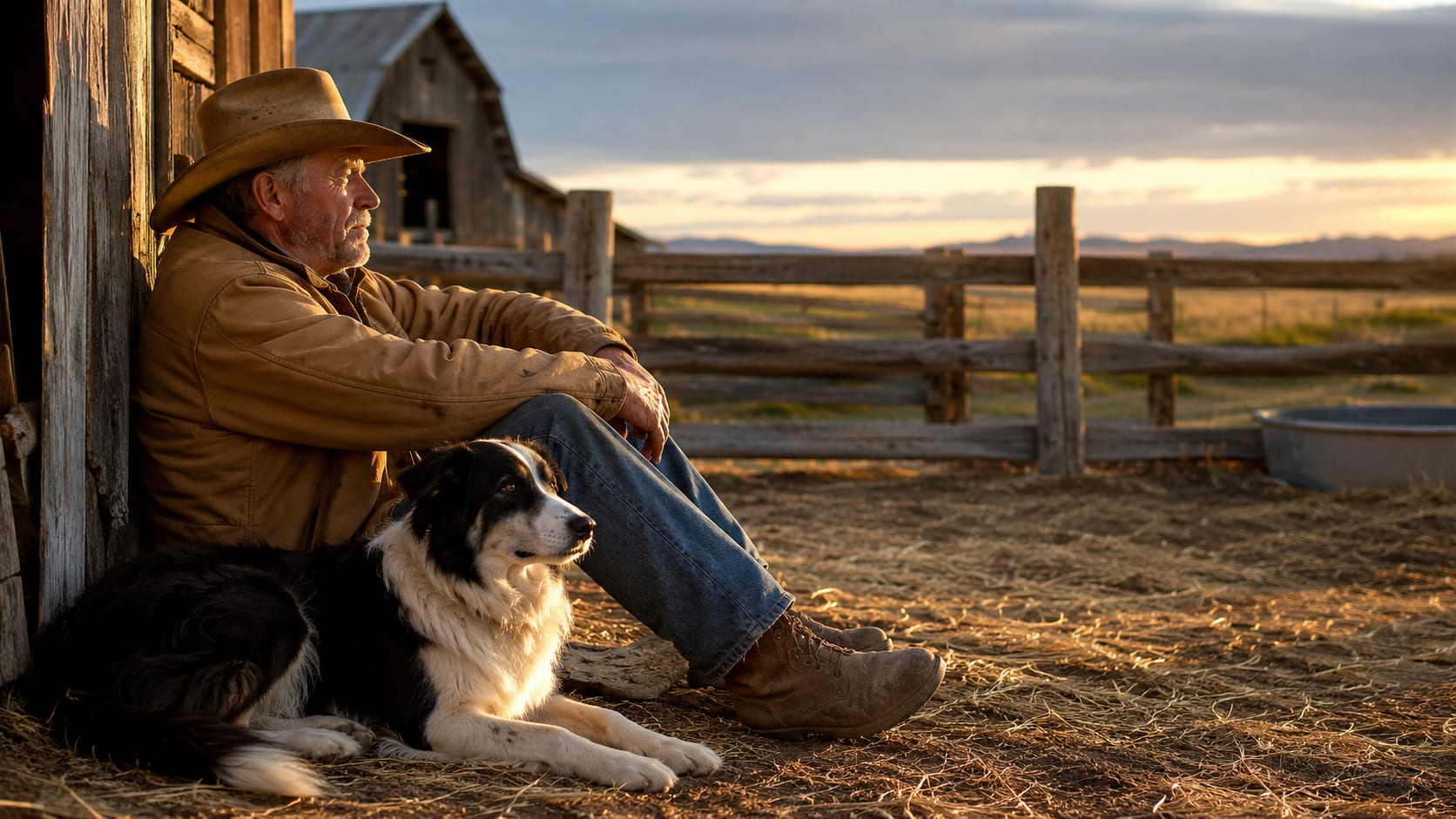 Perro de granja descansando junto a un granjero al final del día en el campo.