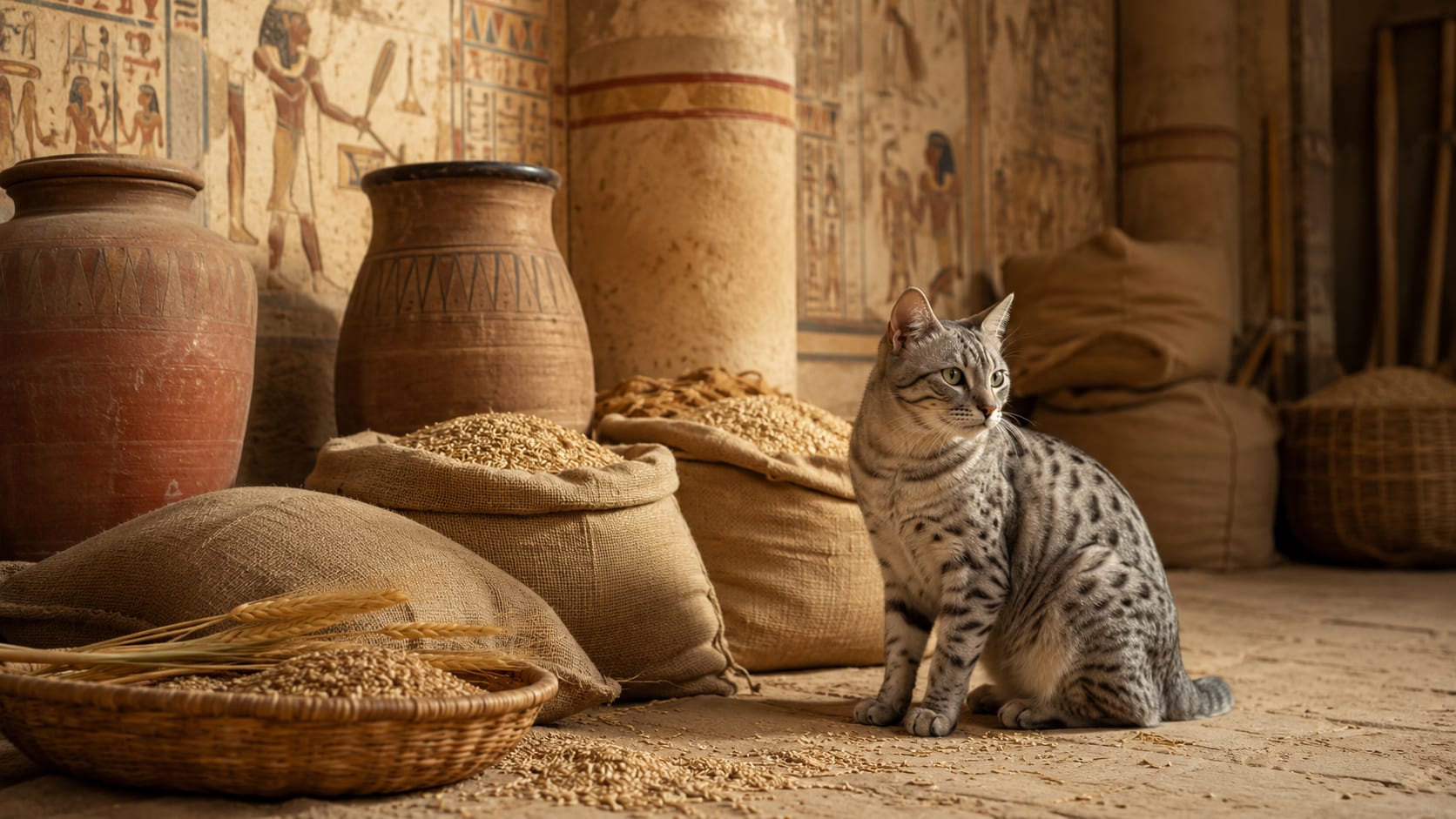Gato en un antiguo granero egipcio junto a sacos de cereal y vasijas de barro.