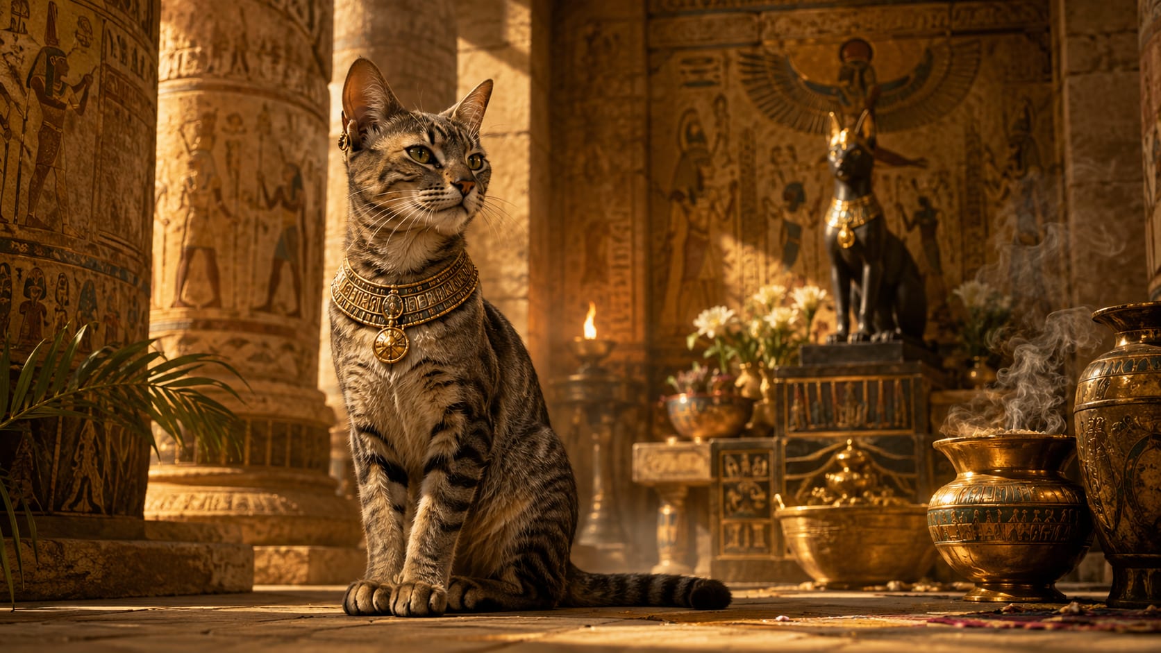 Gato sagrado en un templo egipcio con símbolos relacionados con Bastet.
