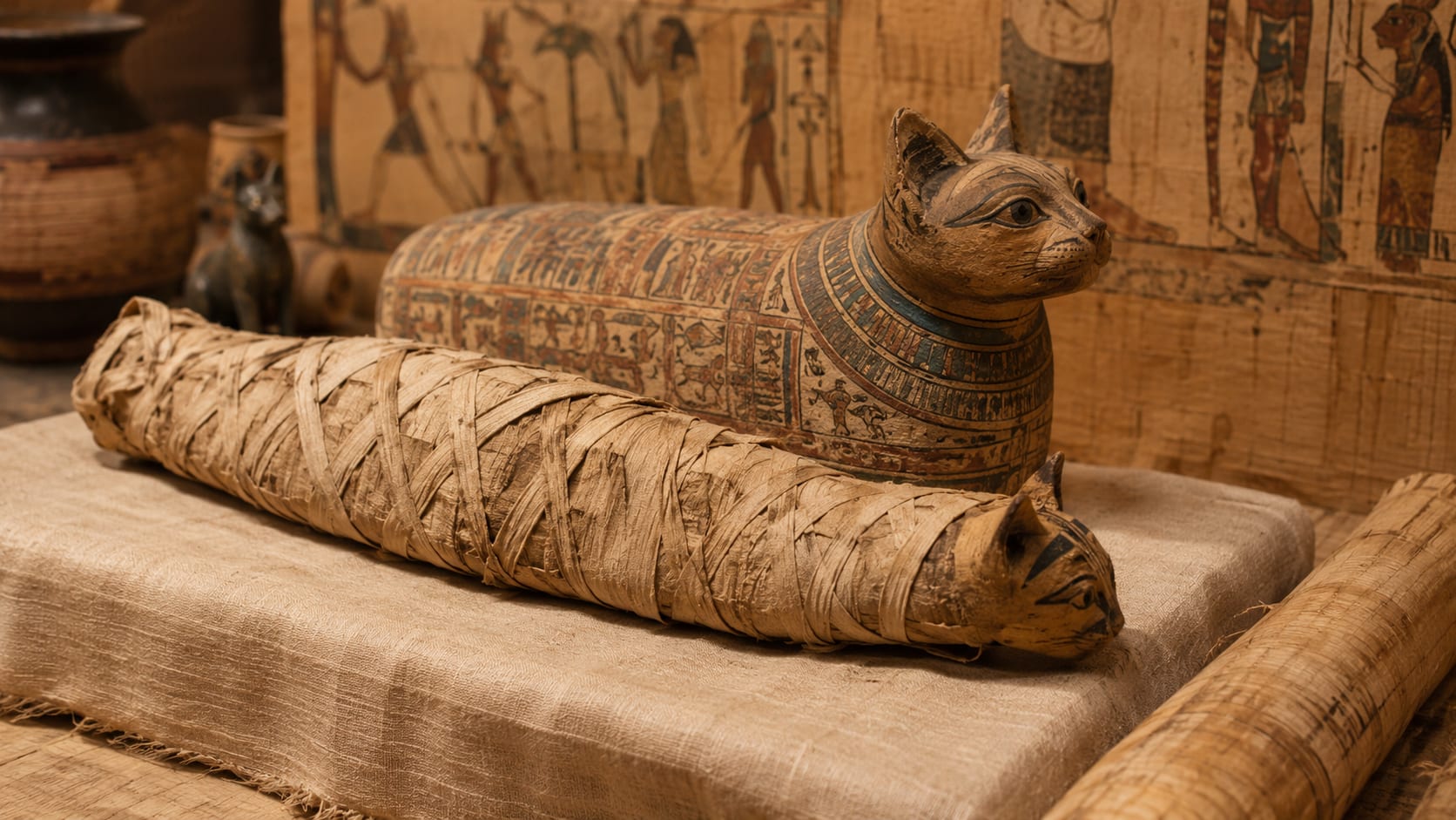 Momia de gato y sarcófago felino del Antiguo Egipto en una escena arqueológica.