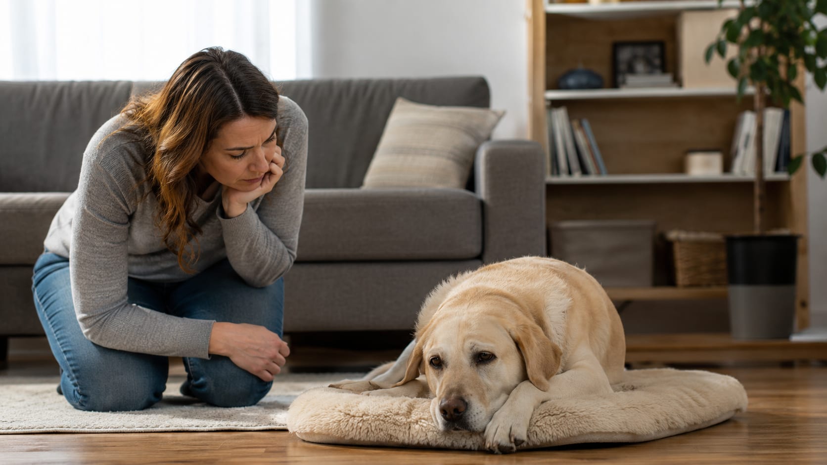 Dueña observando a un perro apático y cansado en casa como posible señal de alerta veterinaria.