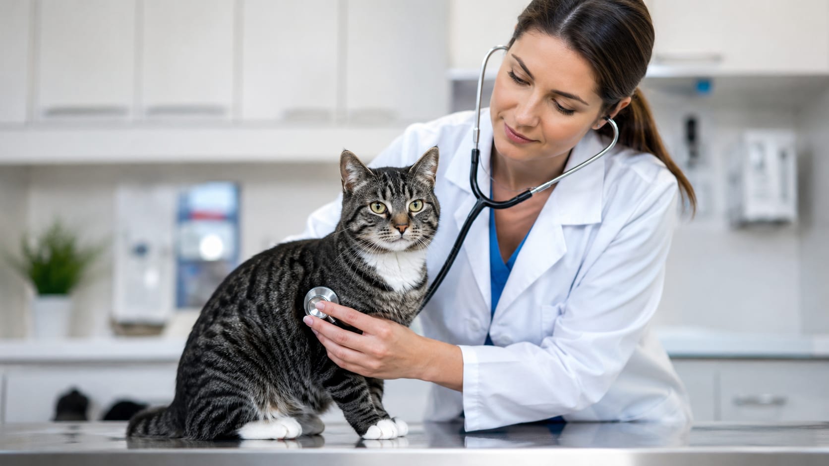 Gato siendo examinado por una veterinaria con estetoscopio durante una revisión clínica.