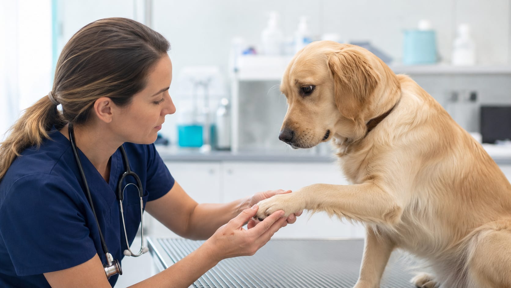 Veterinaria revisando la pata de un perro con posible cojera en una clínica.