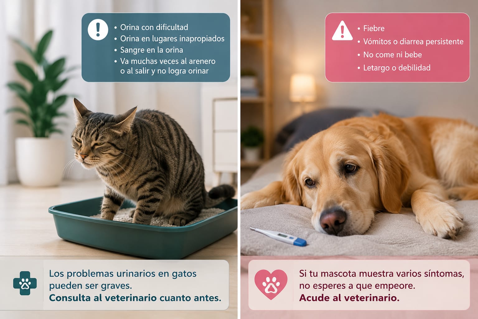 Infografía sobre señales de alerta en perros y gatos que requieren consulta veterinaria, como problemas urinarios en gatos, fiebre, vómitos, diarrea, letargo y pérdida de apetito.