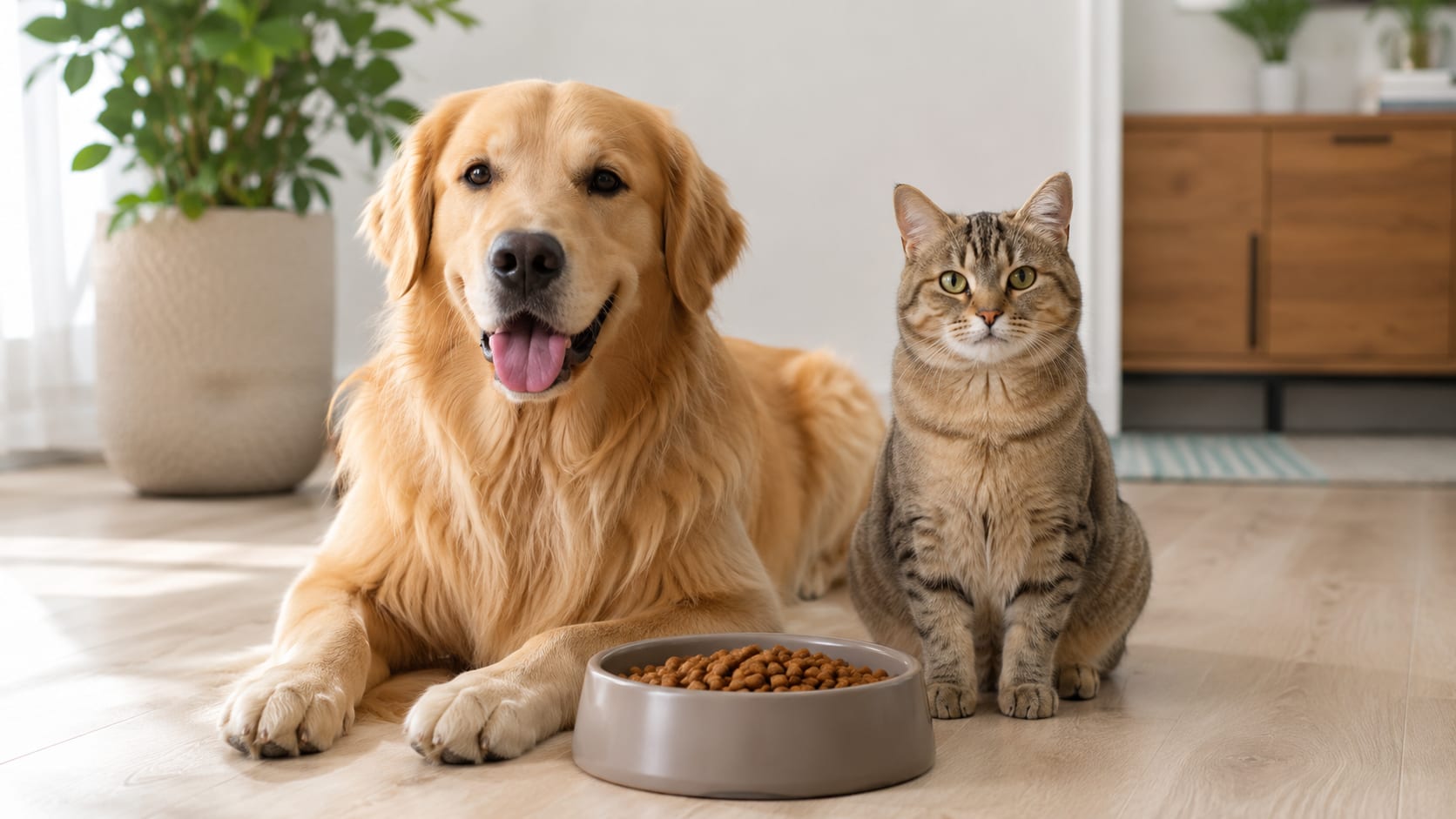Perro y gato junto a un cuenco con pienso seco como opción de alimentación comercial.