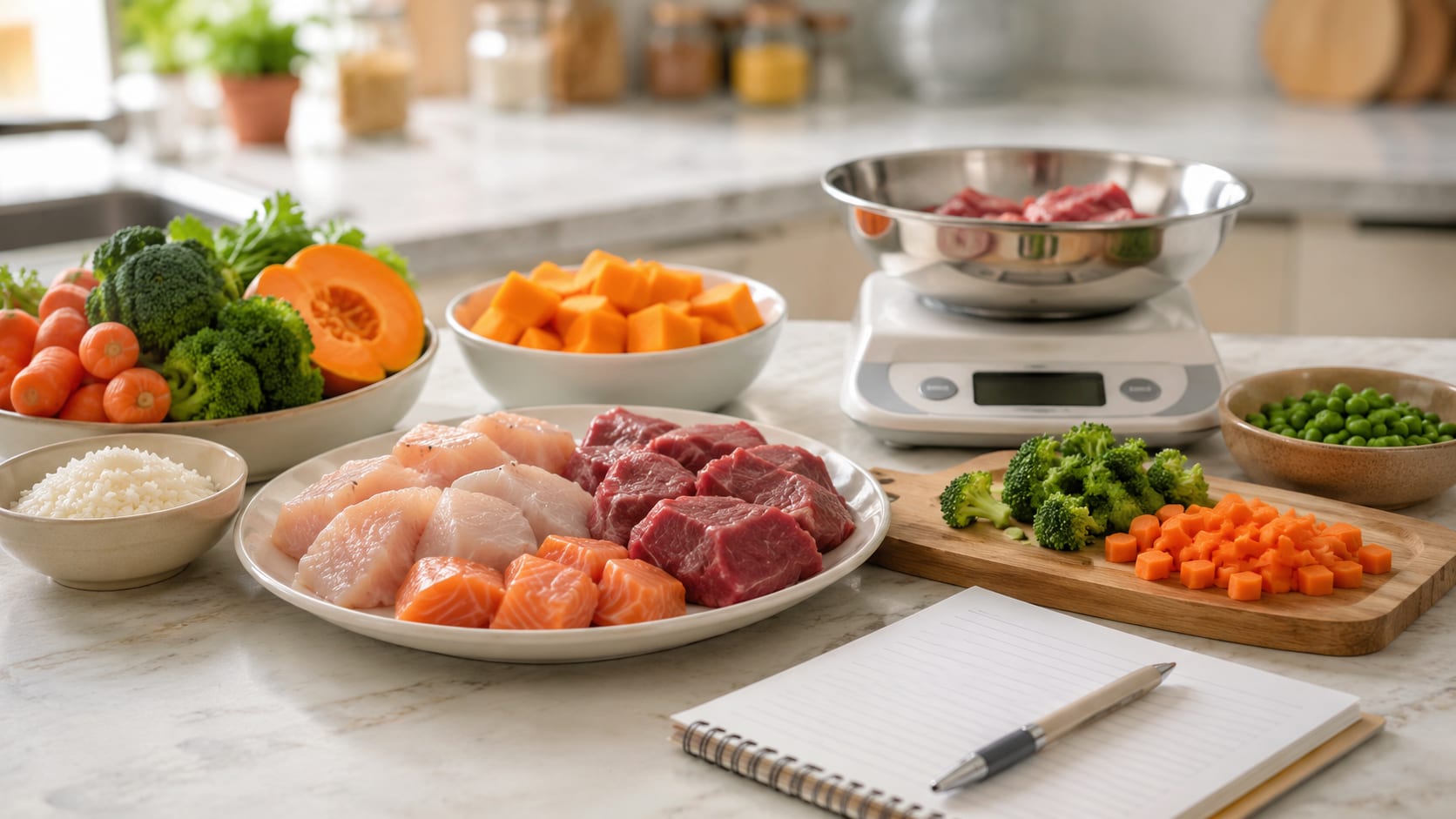 Ingredientes frescos preparados para una dieta casera supervisada para perros y gatos.