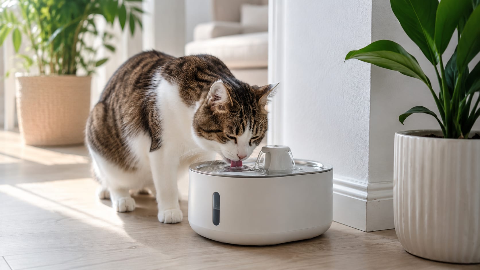 Gato bebiendo agua de una fuente para mejorar su hidratación diaria.