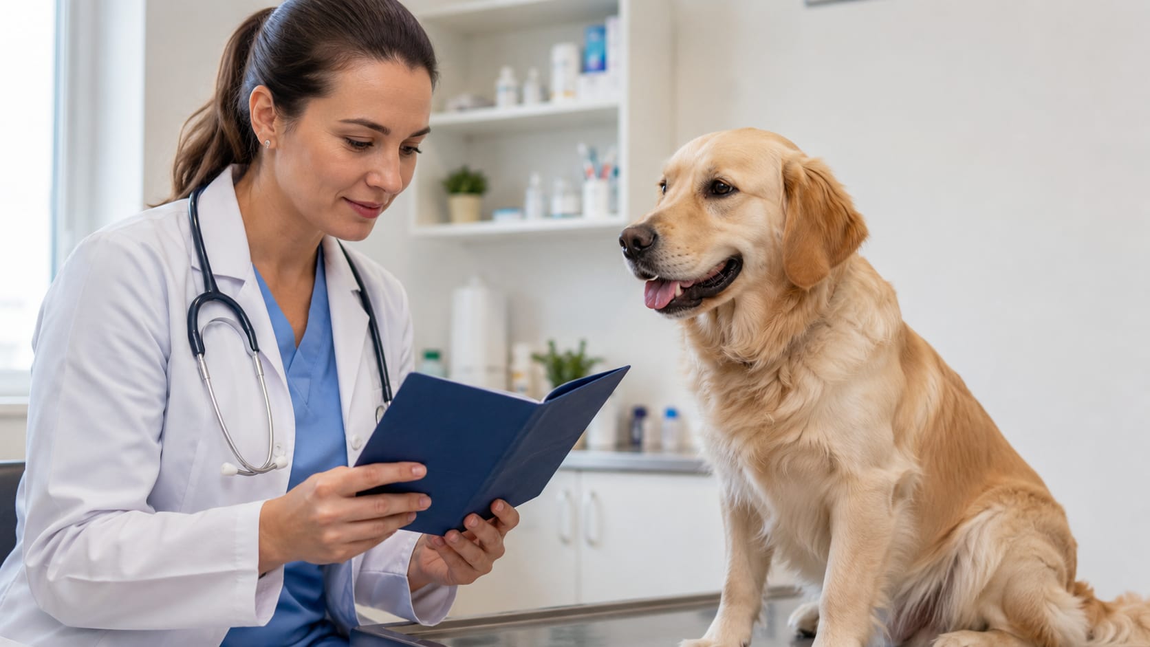 Veterinaria revisando la cartilla de vacunación de un perro adulto en consulta.