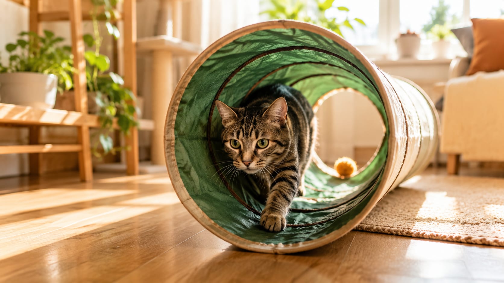 Gato atravesando un túnel de tela con una pelota al fondo en una zona de juego en casa.