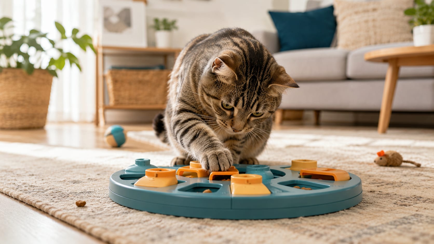 Gato usando un puzzle interactivo con premios para estimular su mente en casa.