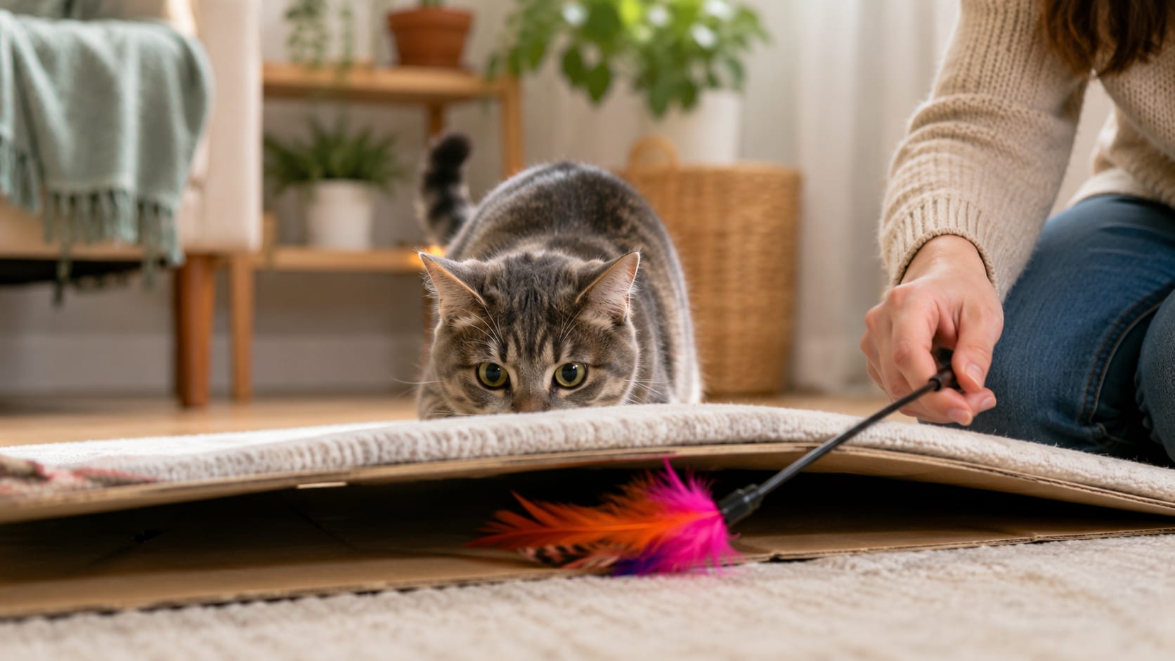 Gato acechando una caña con plumas escondida detrás de una caja durante una sesión de juego.