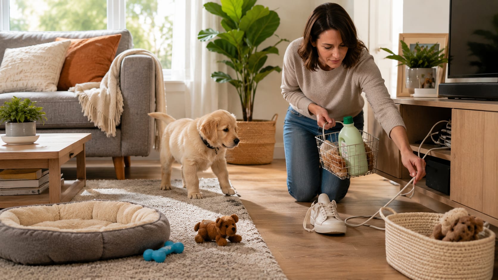 Tutora retirando cables y objetos peligrosos mientras un cachorro observa en casa.