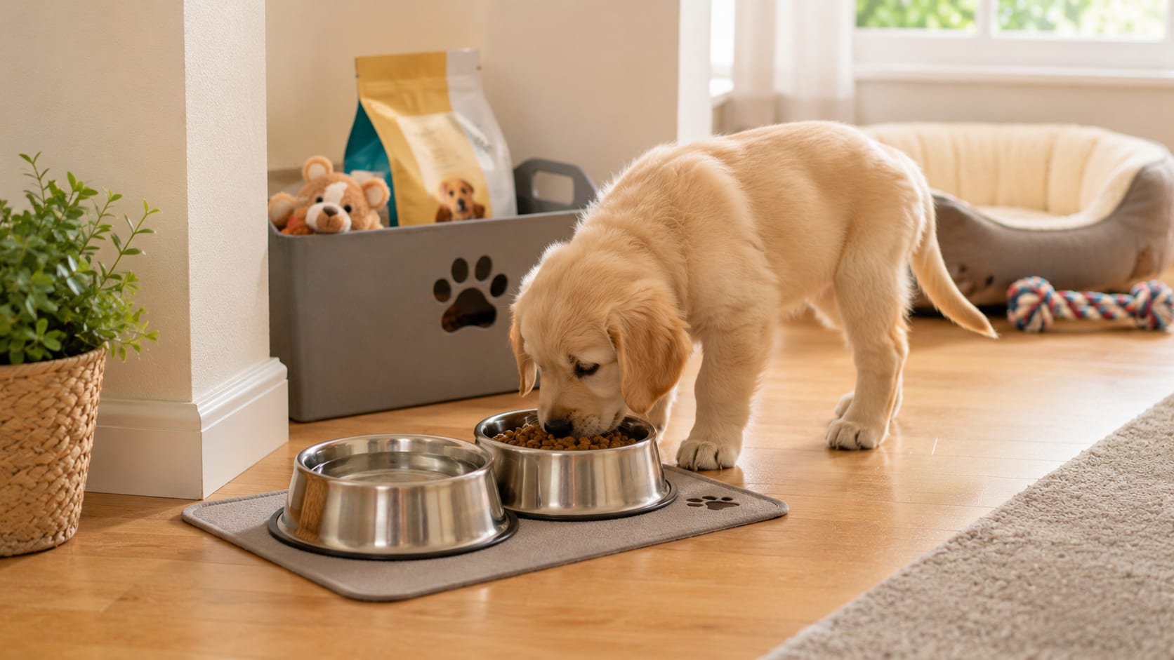 Cachorro comiendo en su zona de comida con cuencos de acero inoxidable y agua limpia.