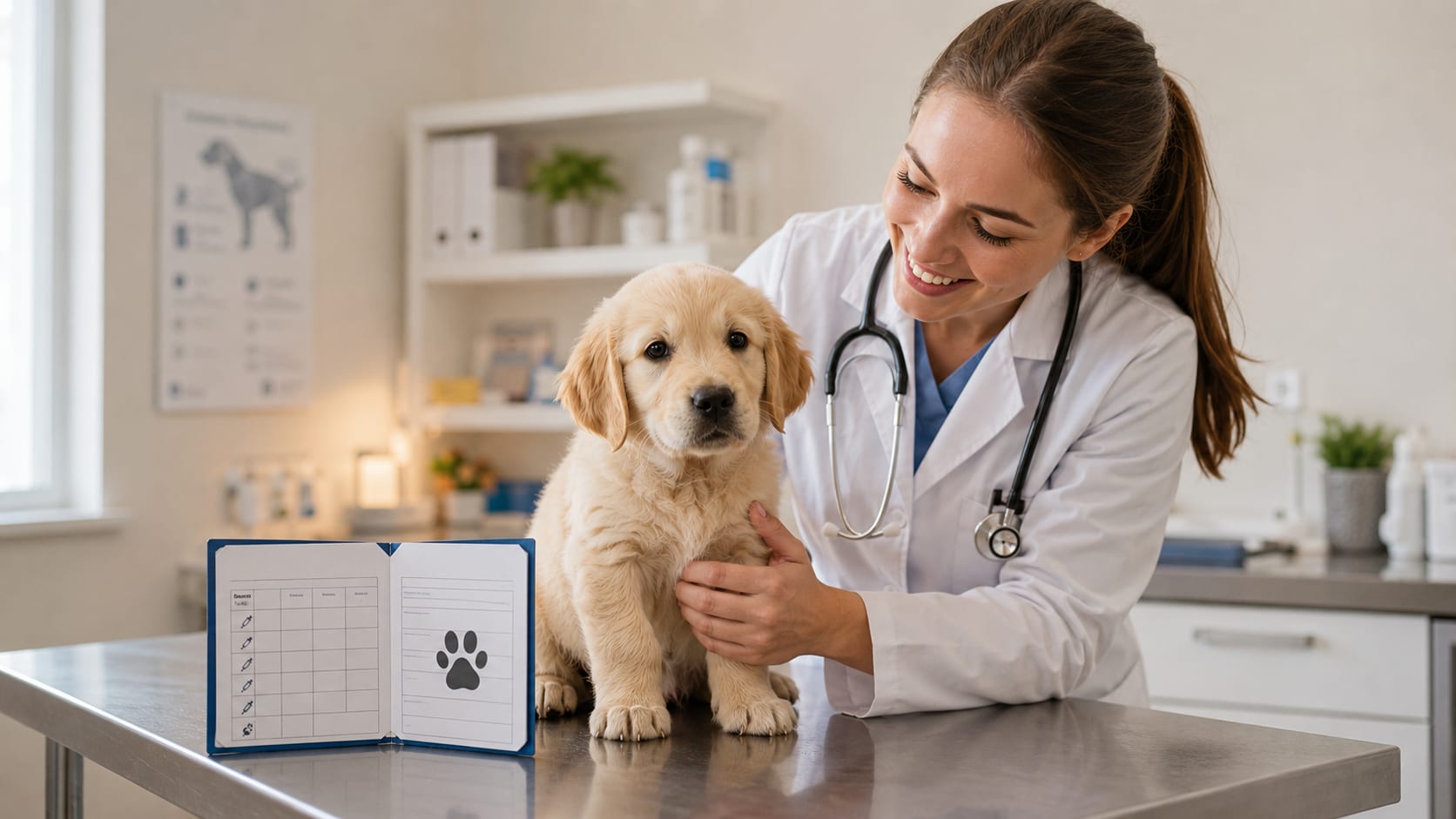 Cachorro en su primera visita veterinaria con cartilla de salud sobre la mesa.