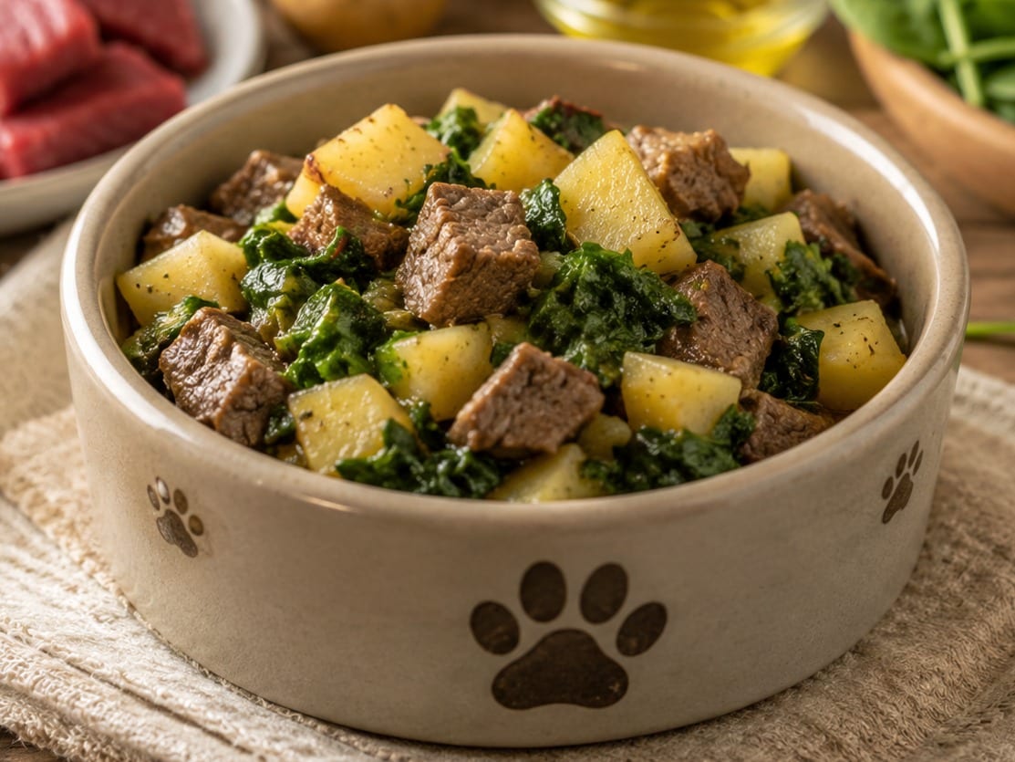 Plato casero: Guiso de ternera magra con patata rústica y espinacas