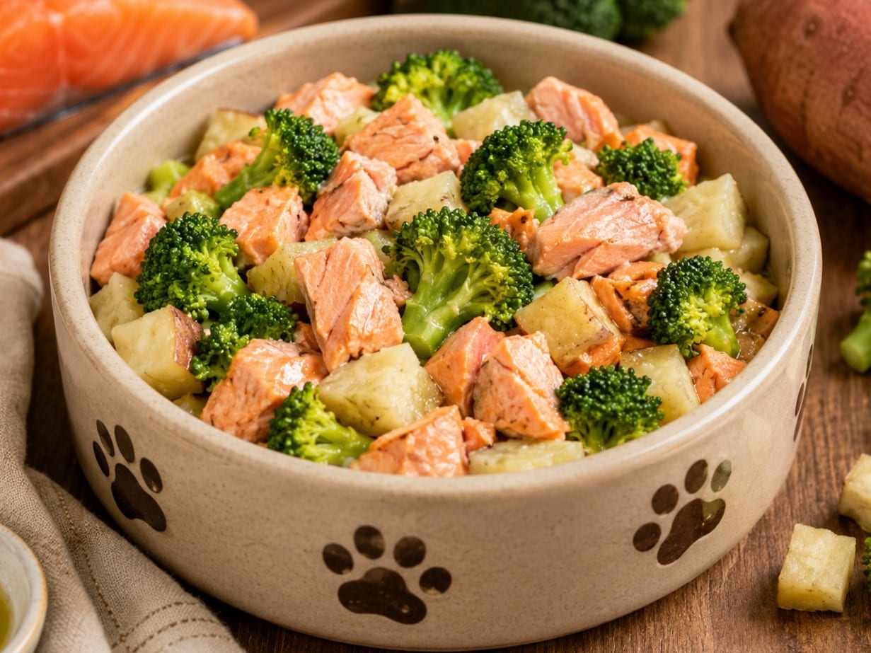 Plato casero: Salmón fresco con boniato al vapor y brócoli verde