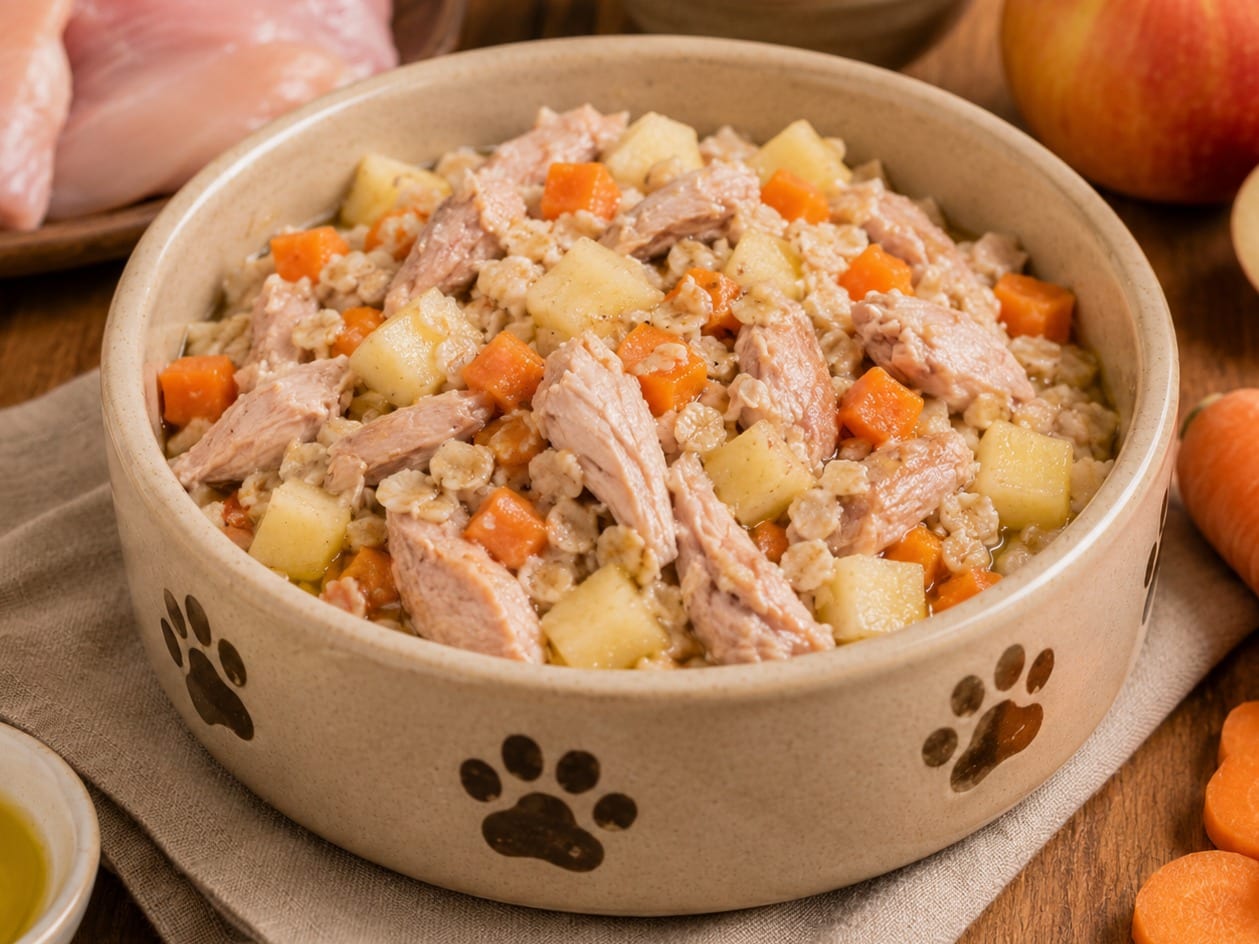 Plato casero: conejo guisado con avena y manzana para perros