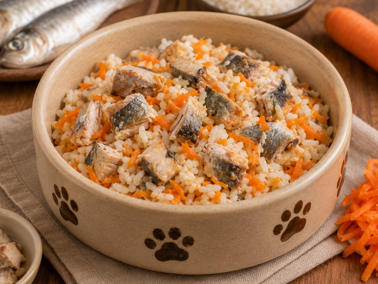 Plato casero: sardinas con arroz y zanahoria para gatos