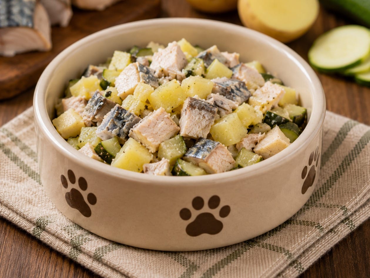 Plato casero: caballa con patata y calabacín para gatos