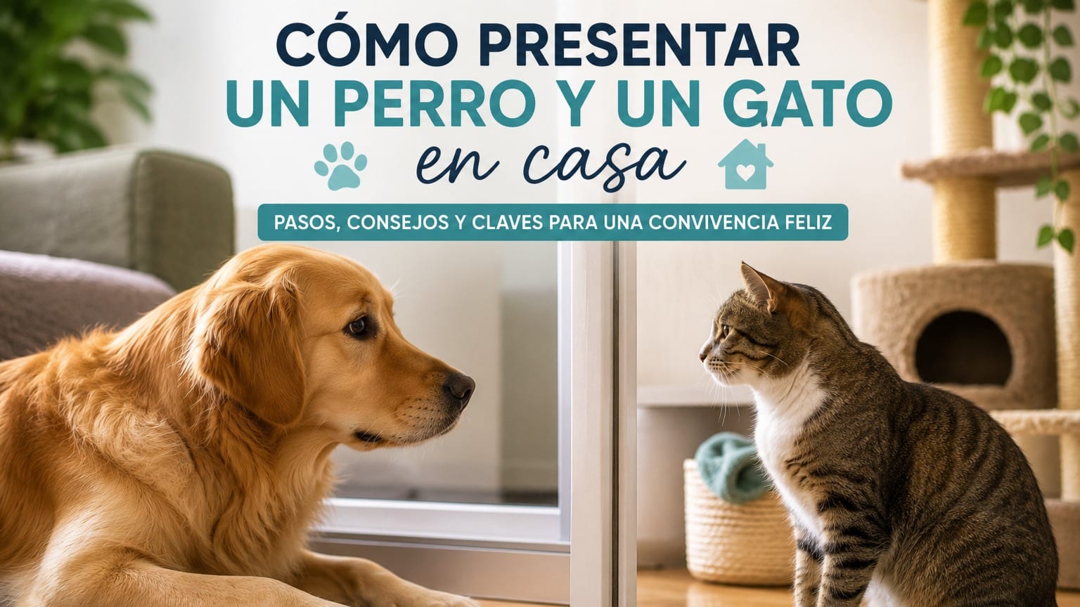 Perro golden retriever y gato atigrado se observan separados por una puerta durante su presentación gradual en casa.