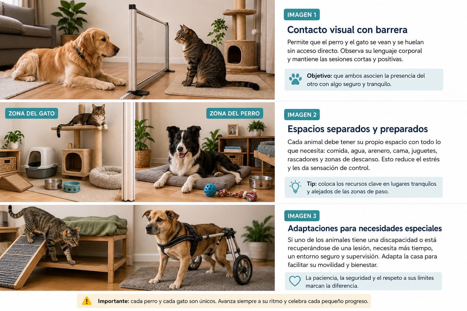 Perro con silla de ruedas descansando junto a un gato que utiliza una rampa en una vivienda adaptada.