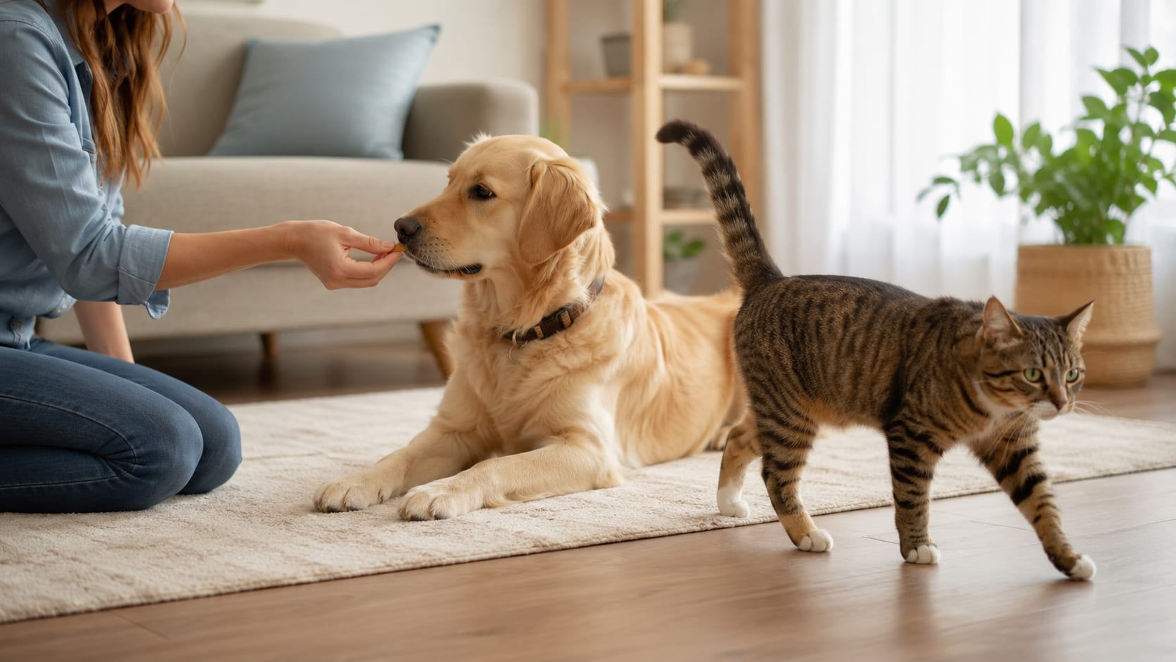 Mujer premia a un perro tranquilo mientras un gato camina cerca durante su adaptación en casa.