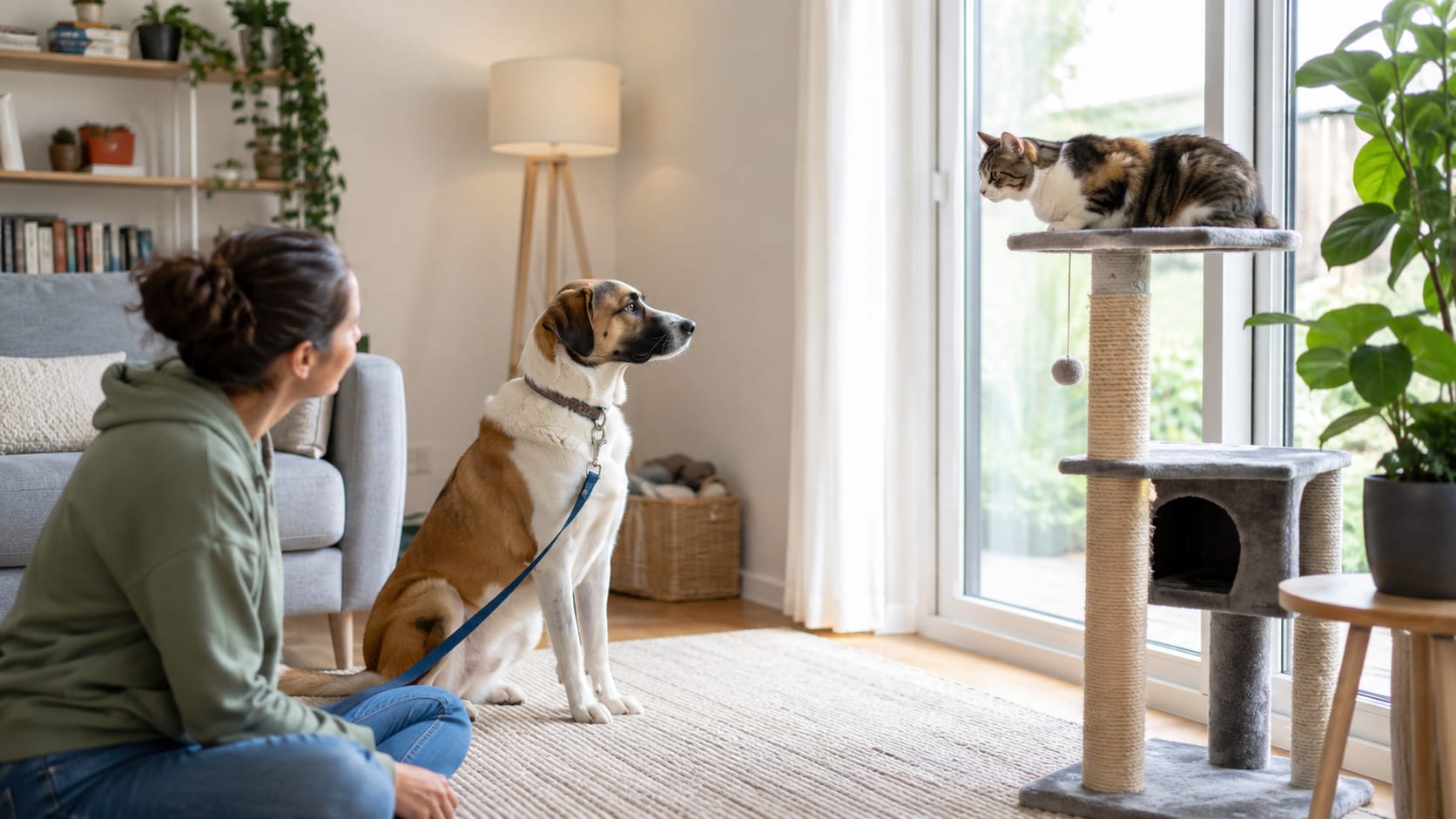 Perro con correa observa a un gato situado en lo alto de un rascador durante una presentación supervisada.