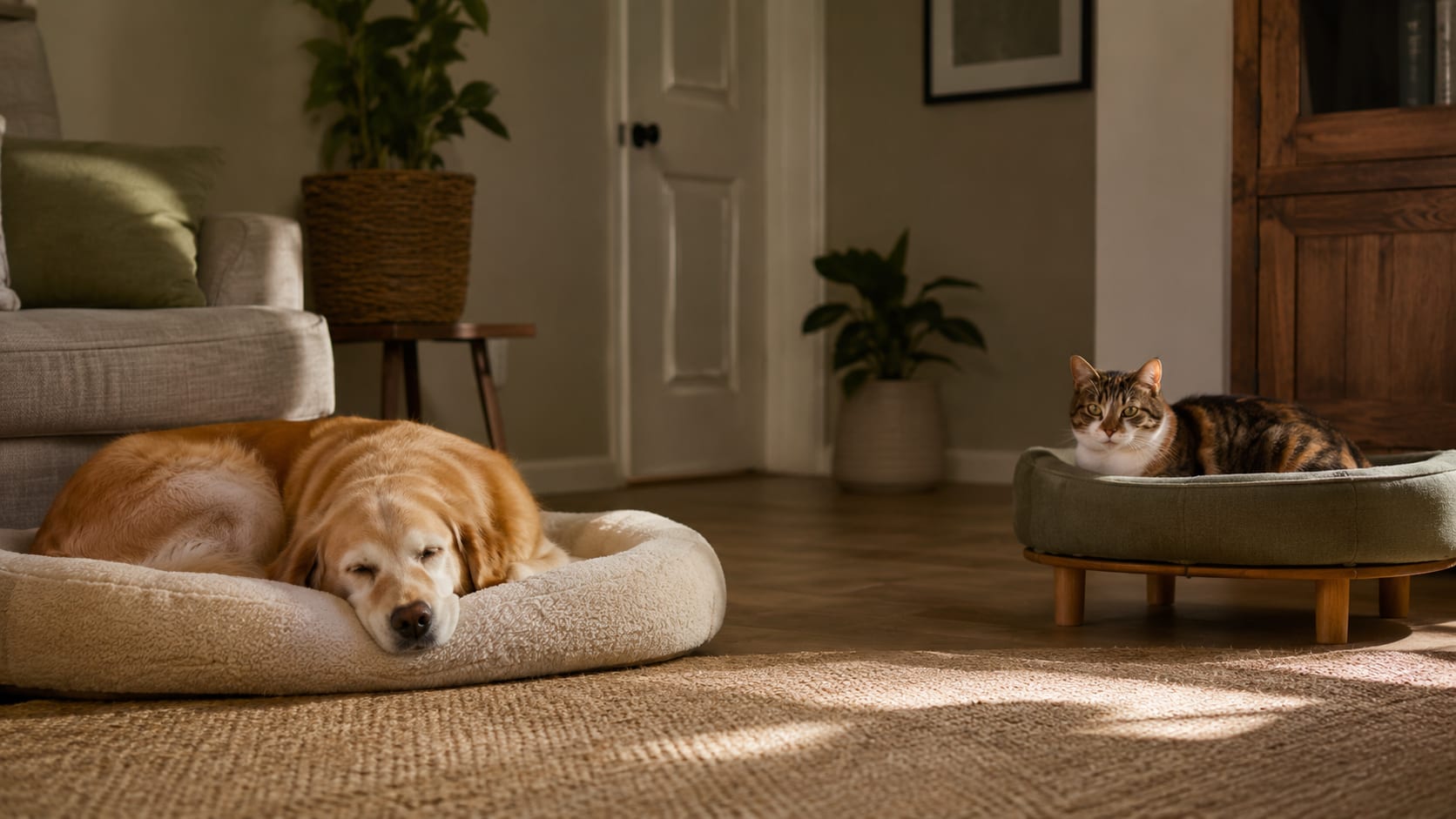 Perro y gato descansan tranquilos en camas separadas dentro del mismo salón.