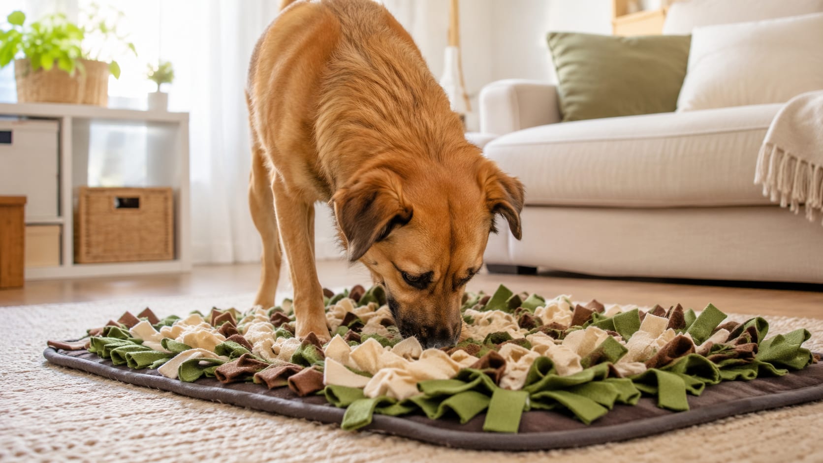 Perro buscando premios escondidos entre una alfombra olfativa.