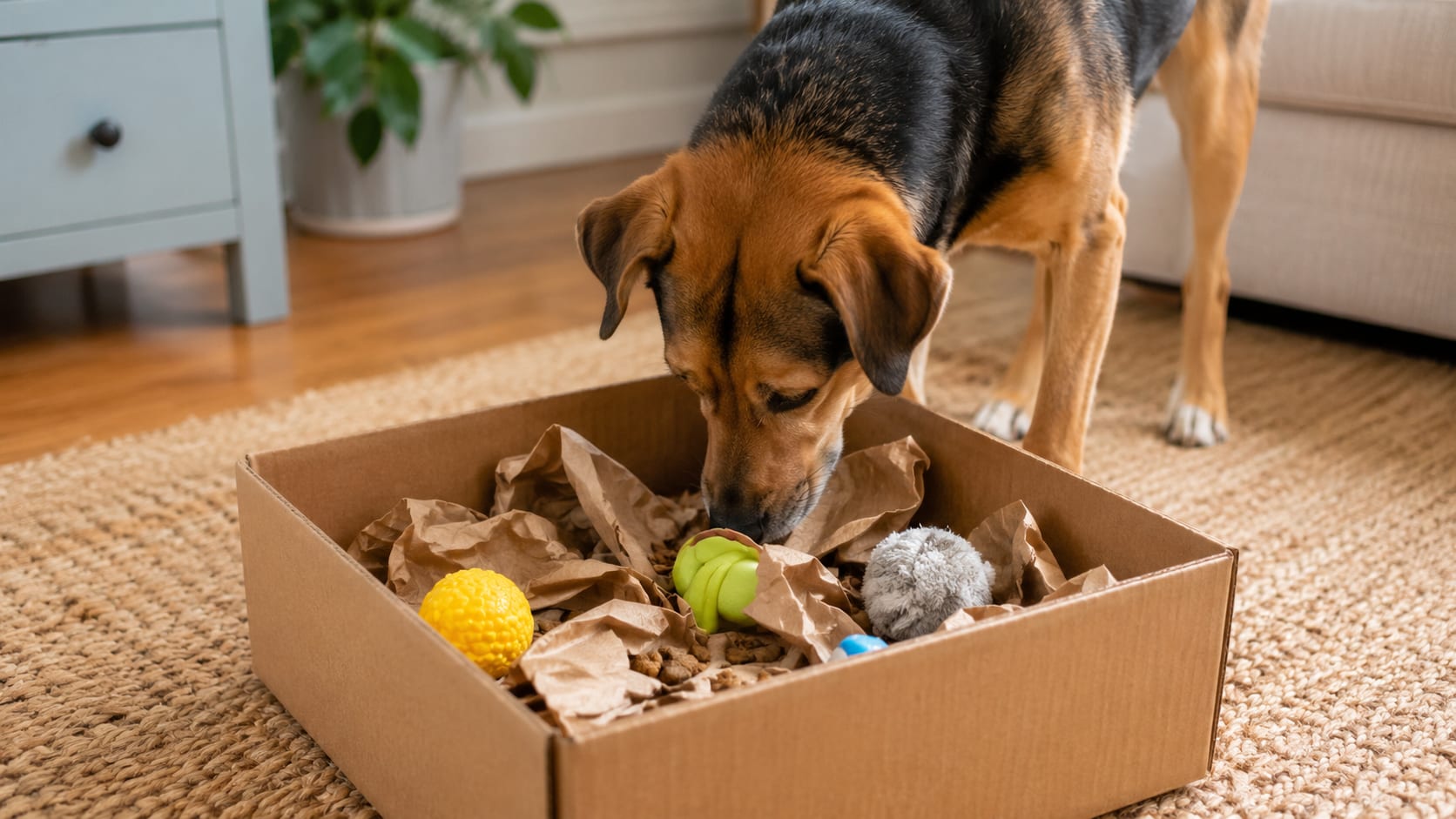 Perro explorando una caja con papel y premios escondidos.