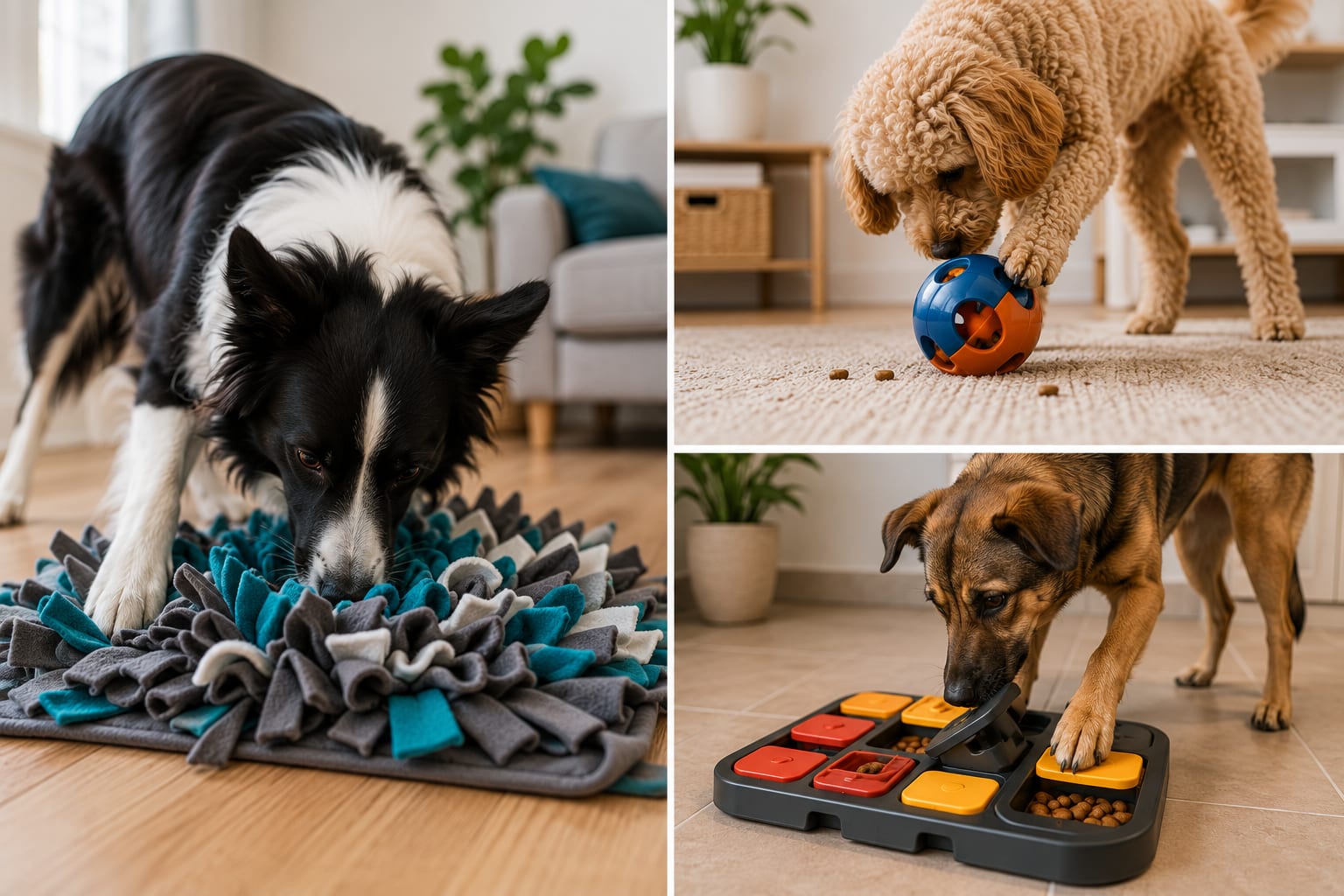 Varios juguetes de enriquecimiento ambiental: alfombra olfativa, Kong rellenable, pelota dispensadora y puzzle interactivo sobre el suelo.