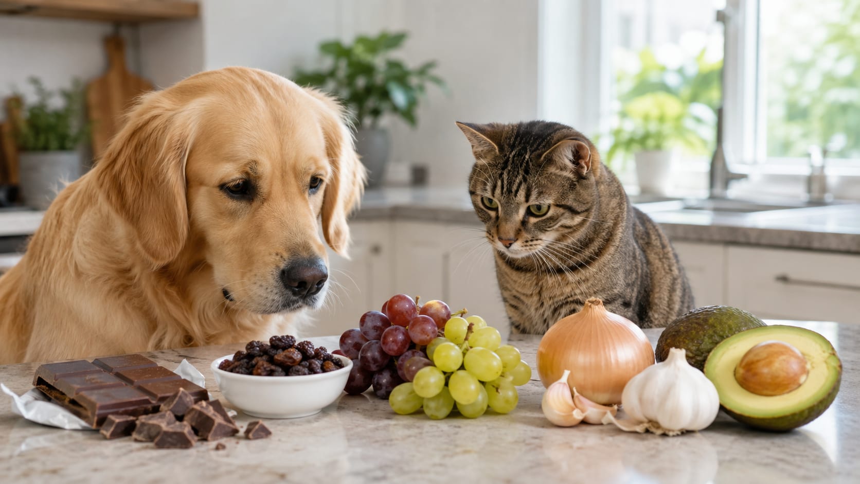 Perro y gato junto a varios alimentos de cocina que pueden ser tóxicos para las mascotas, como uvas, cebolla, ajo y aguacate.