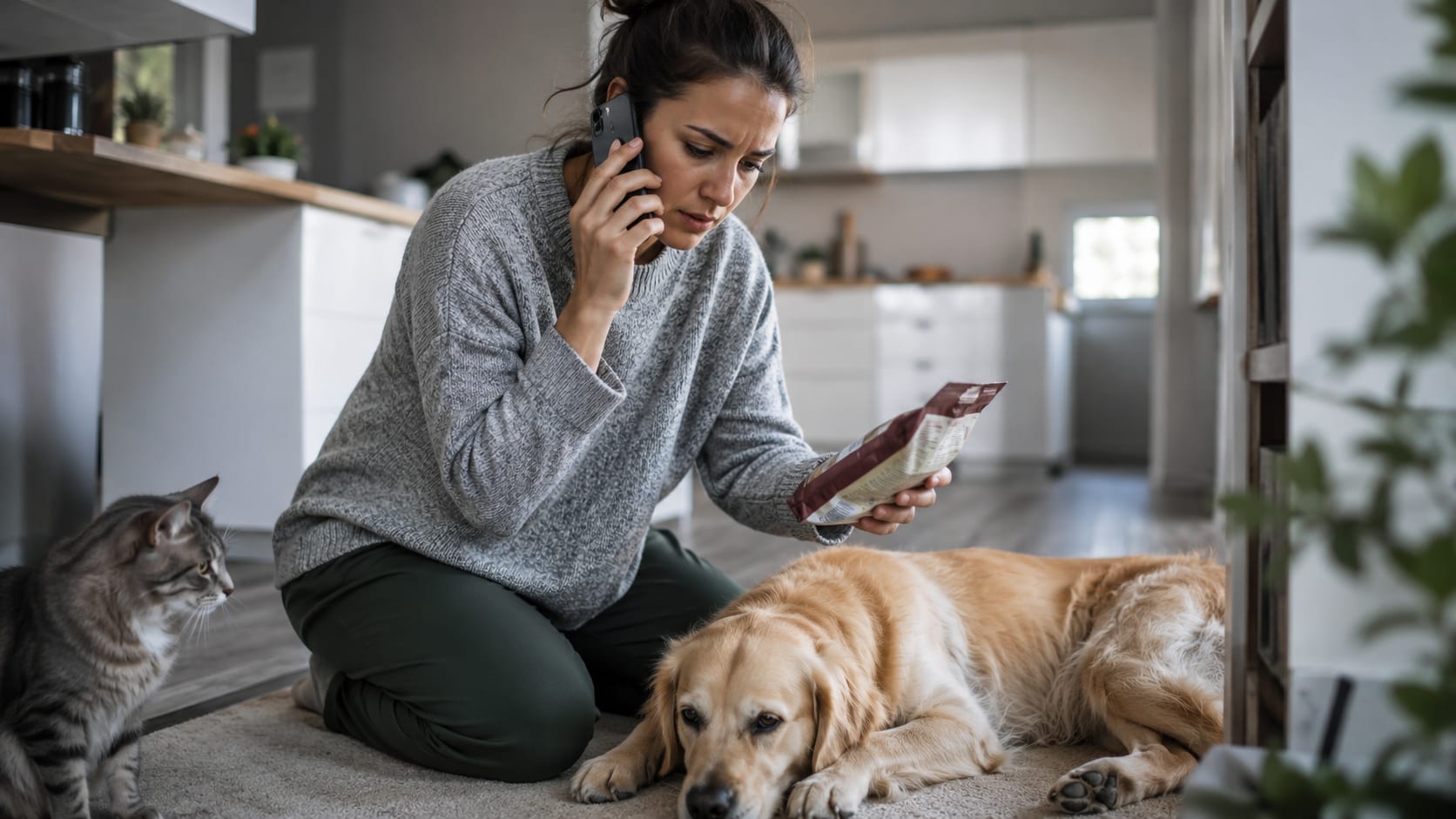 Mujer preocupada atendiendo a un perro y un gato en casa ante una posible intoxicación alimentaria.