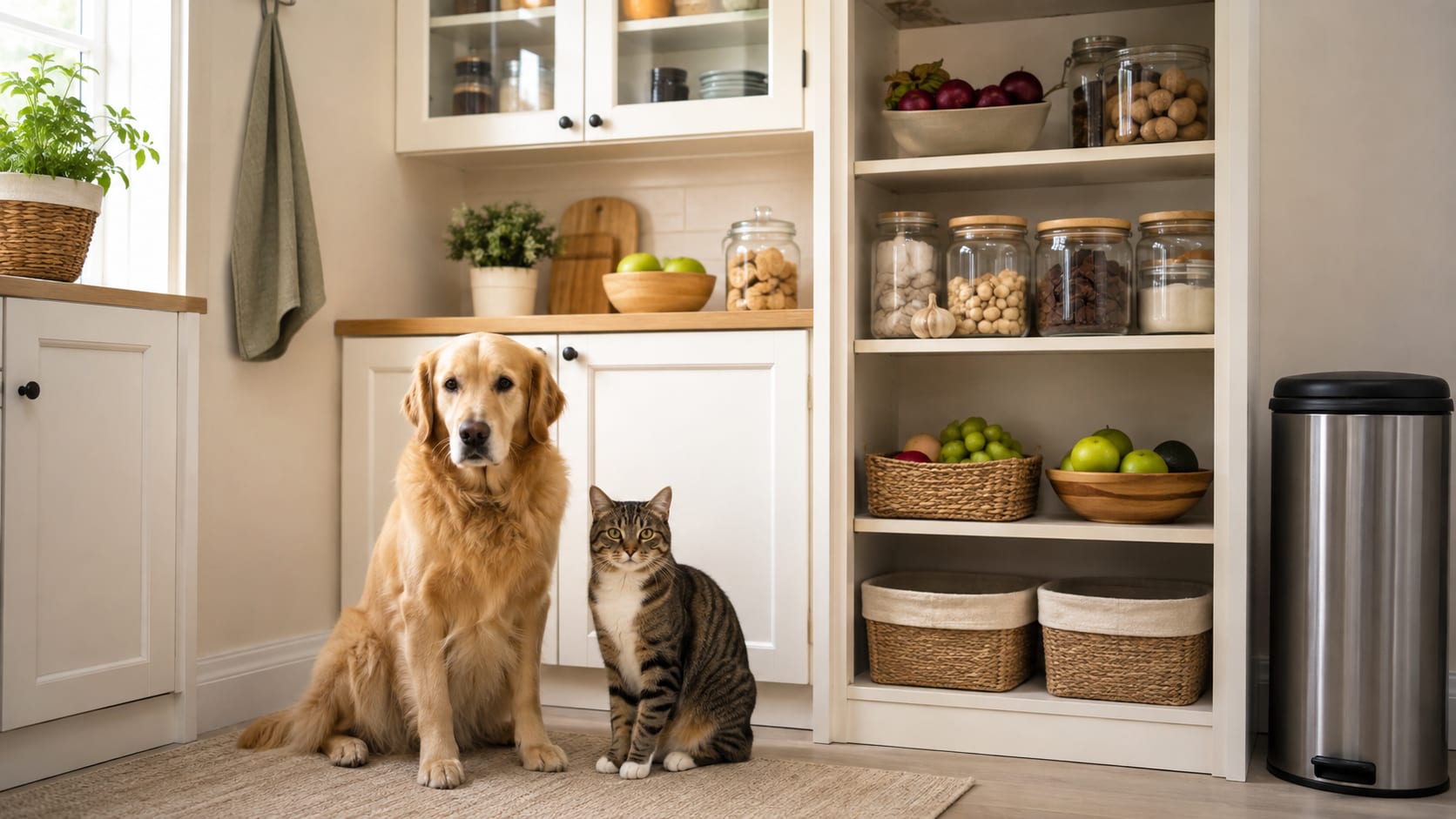 Perro y gato en una cocina doméstica, una escena que representa la prevención frente a los alimentos tóxicos para mascotas en el hogar.