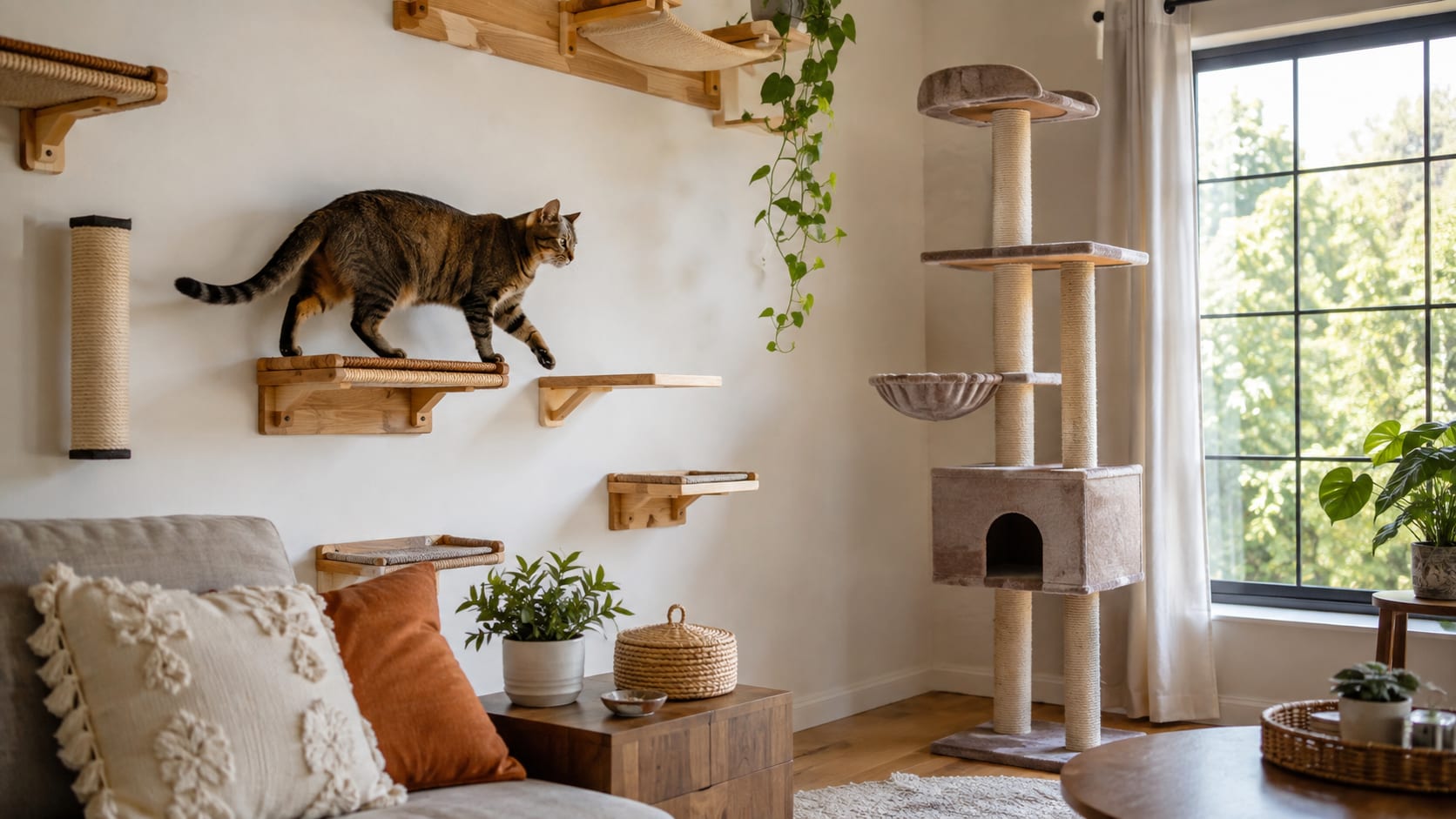 Gato atigrado recorriendo estantes de pared y plataformas elevadas en un salón adaptado para felinos.