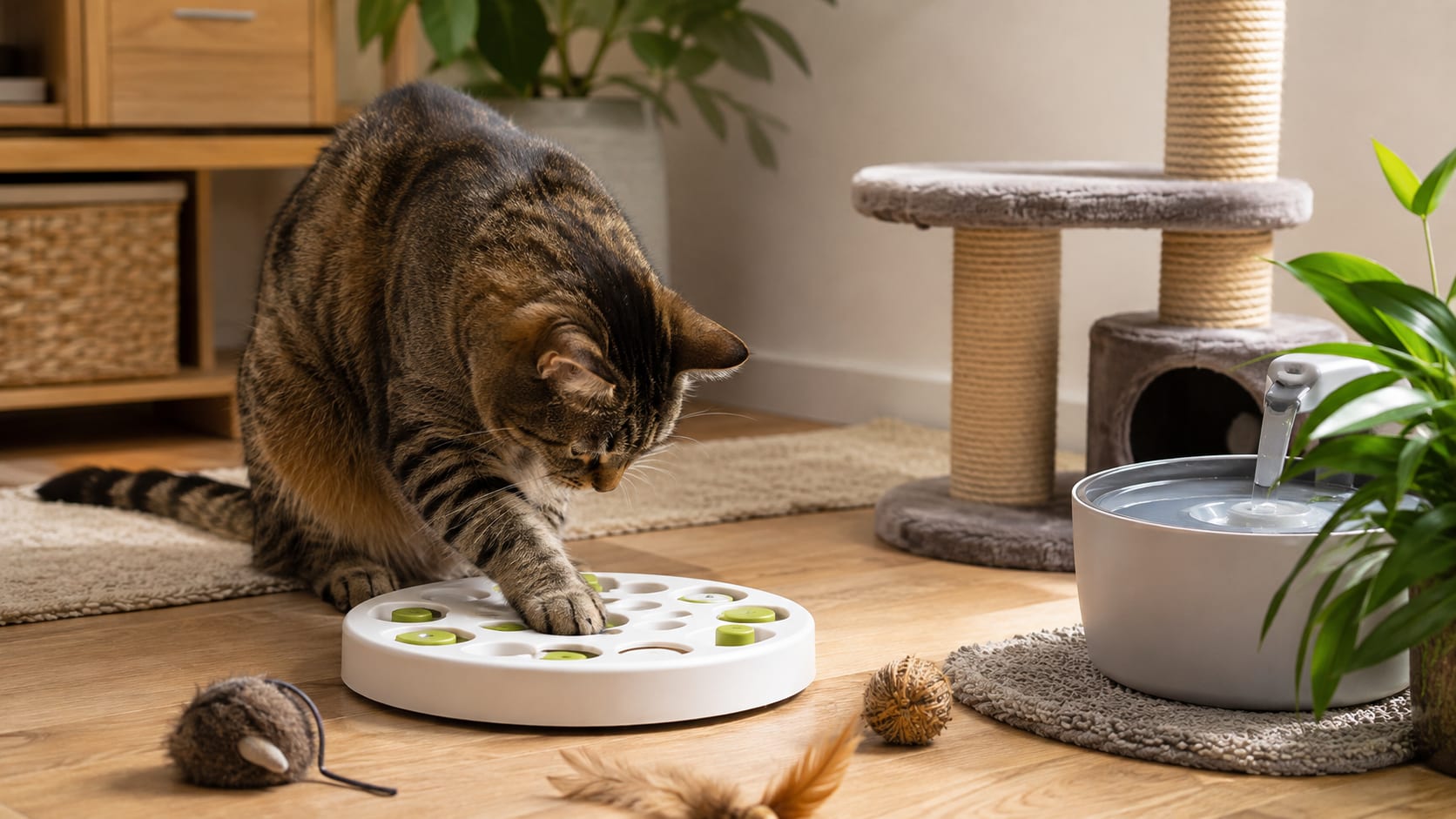 Gato utilizando un comedero interactivo para encontrar pequeñas porciones de alimento con la pata.