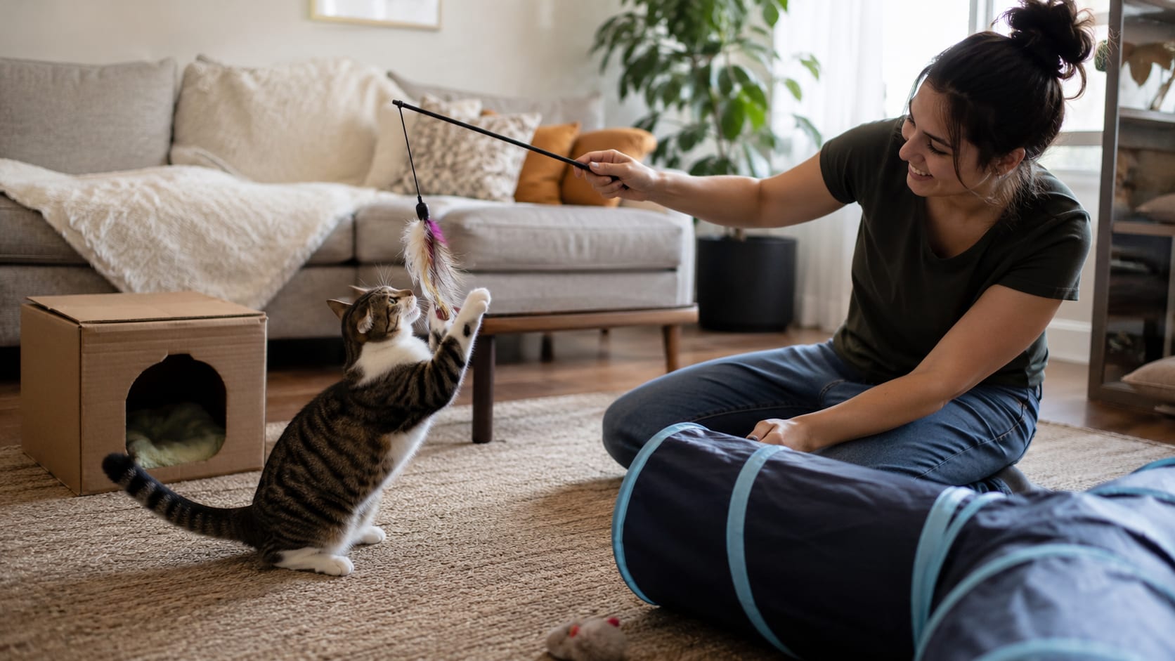 Mujer jugando con un gato de interior mediante una caña de plumas junto a un túnel y un refugio de cartón.