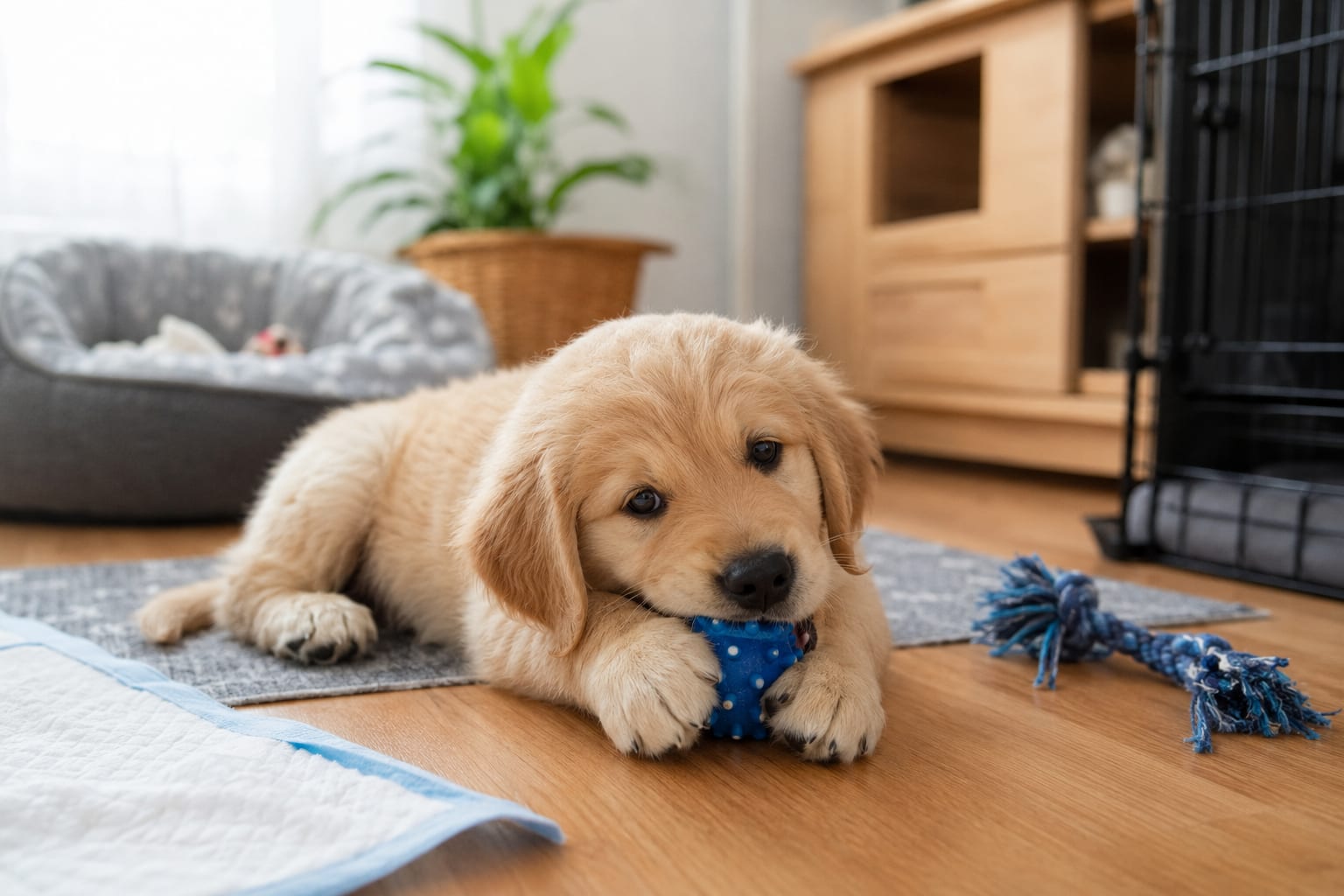 Cachorro de golden retriever mordiendo un juguete azul en su zona segura durante sus primeros días en casa.