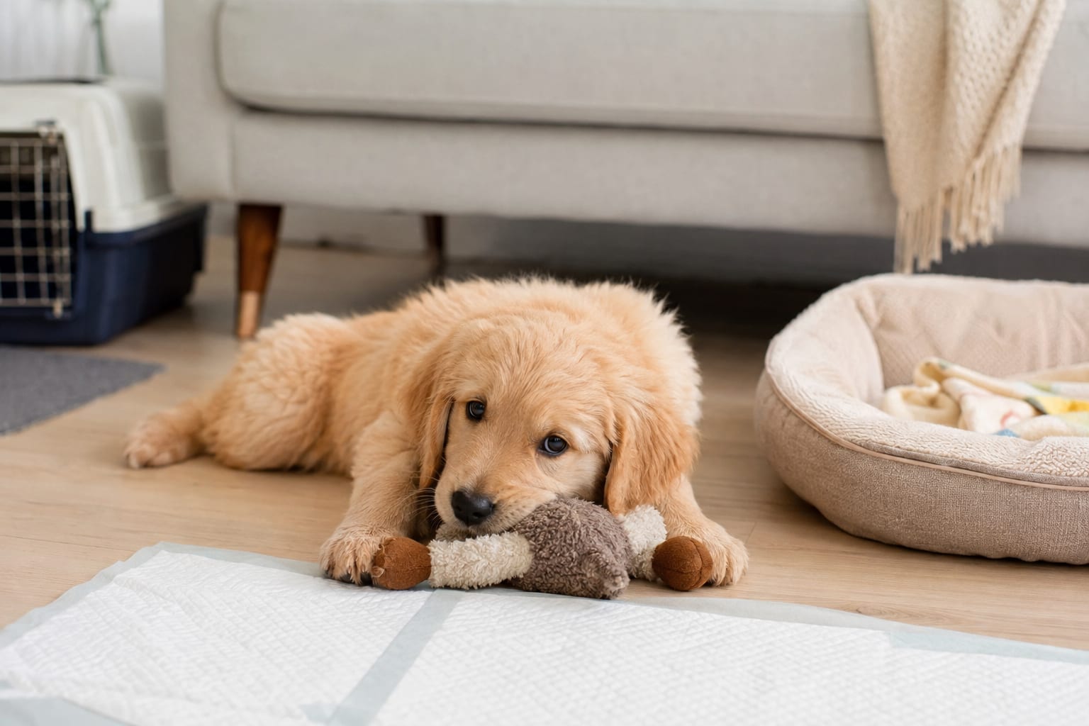 Cachorro descansando junto a su cama, un juguete de peluche y una zona preparada dentro del salón.