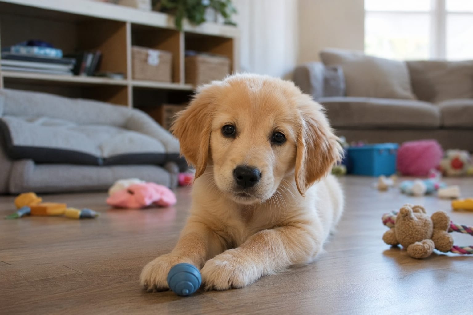 Cachorro de golden retriever tumbado entre varios juguetes durante sus primeros días en casa.